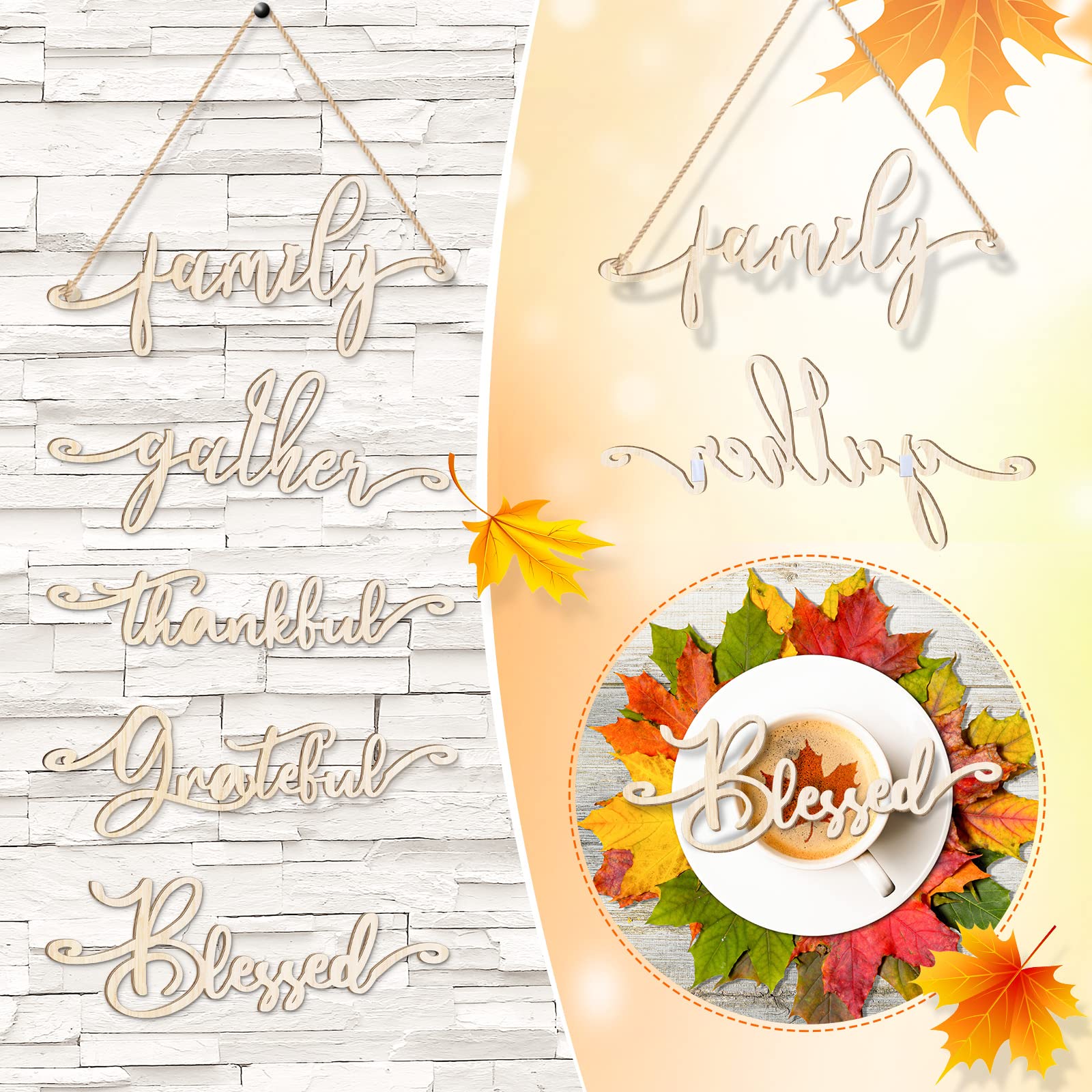 Jetec 20 Pieces Thanksgiving Decor Thankful Grateful Blessed Wood Cutout Sign for Plate Table Wall Decor Rustic Wooden Word Cuto