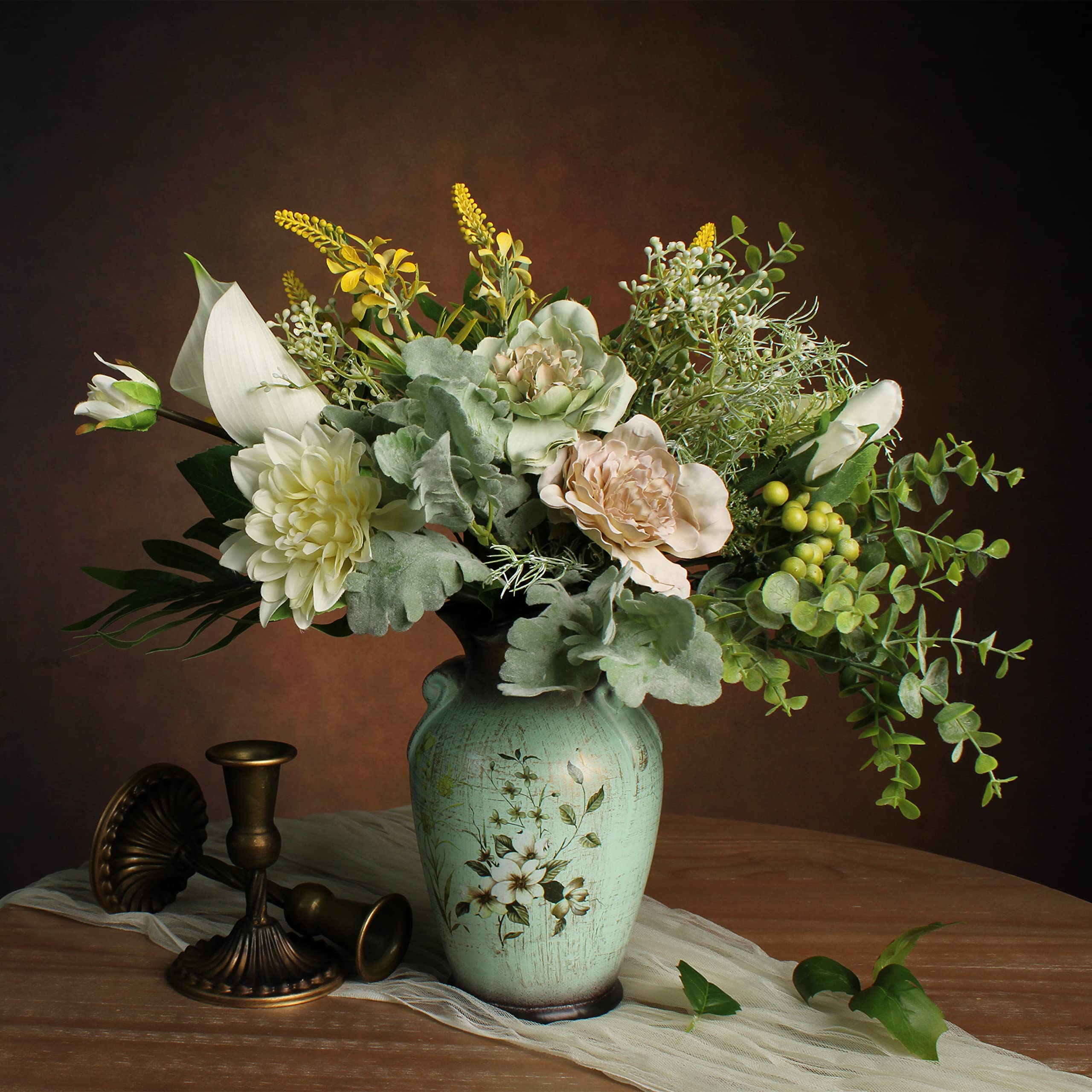 WAKISAKI Faux Flowers in Ceramic Vase, Artificial Flower Arrangement Decoration for Home Kitchen Living Dining Room Coffee Table