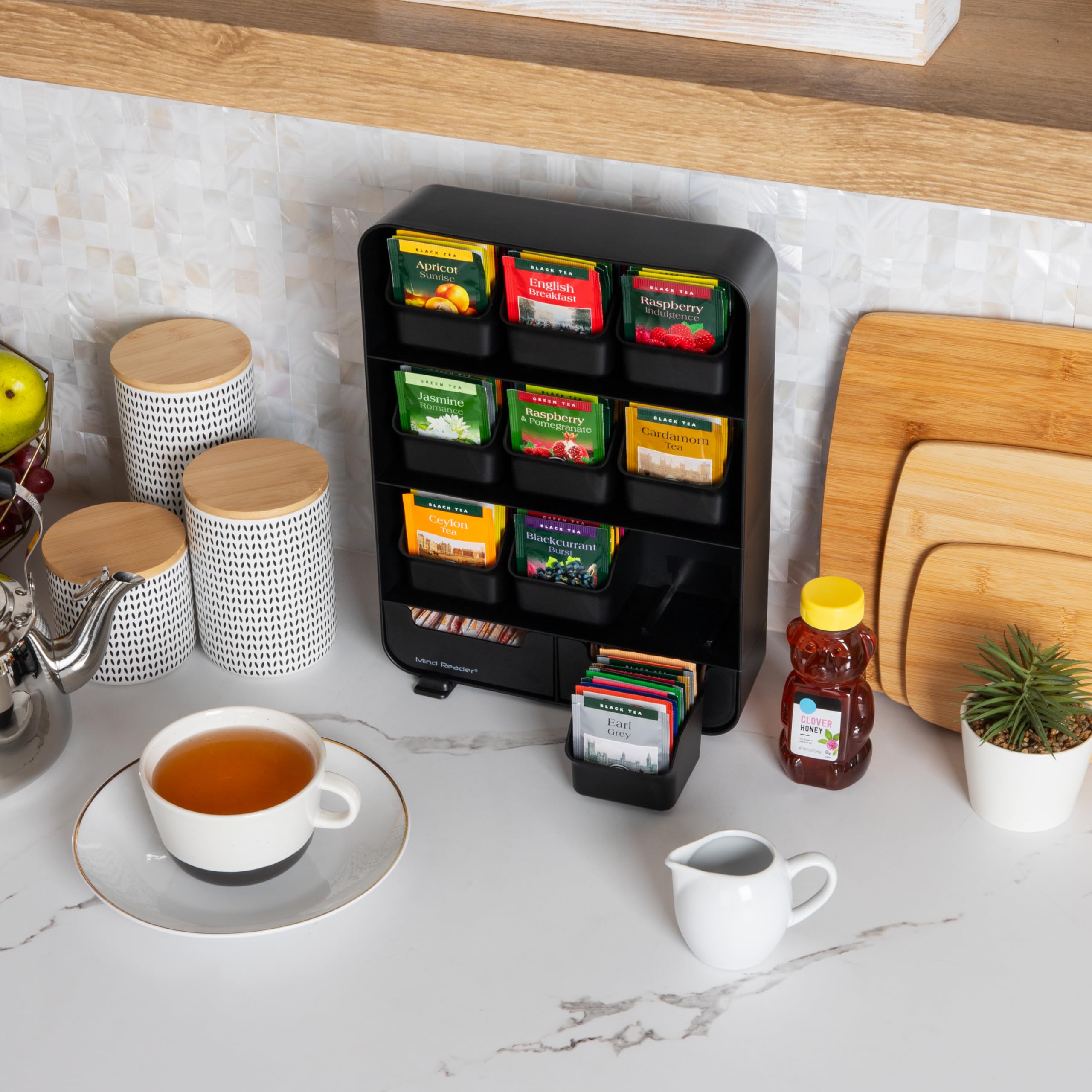 Mind Reader Tea Bag Organizer, Tea Station Organizer, Countertop Storage, Kitchen, Plastic, 10.25''L X 3.25''W X 13.75''H, Black