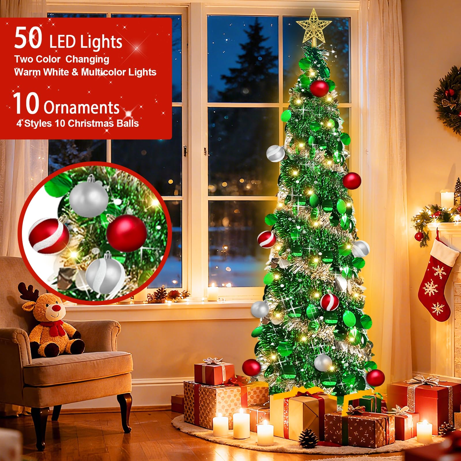 Dual Color Switch&Timer 5 Ft Gold Pop Up Christmas Tree with 50 Warm White&Color Lights 8 Modes, Tinsel Pencil Collapsible Xmas