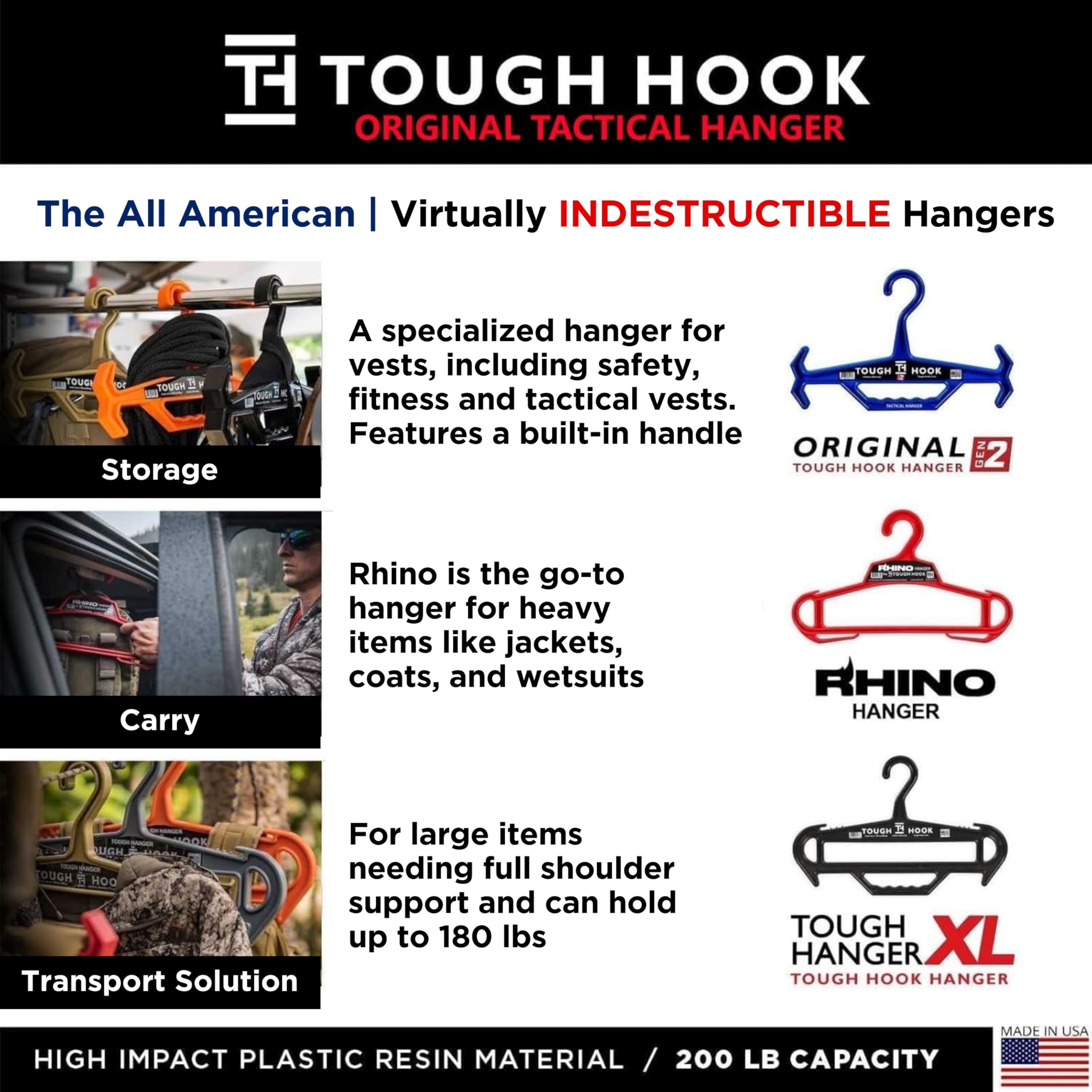 Tough Hanger XL | American Made | Unbreakable Heavy Duty Hanger | Premium Military Grade| X-Large Standard Hanger |180 LB Capacity | The Only Hangers with a Built-in Carry Handles | Veteran Owned