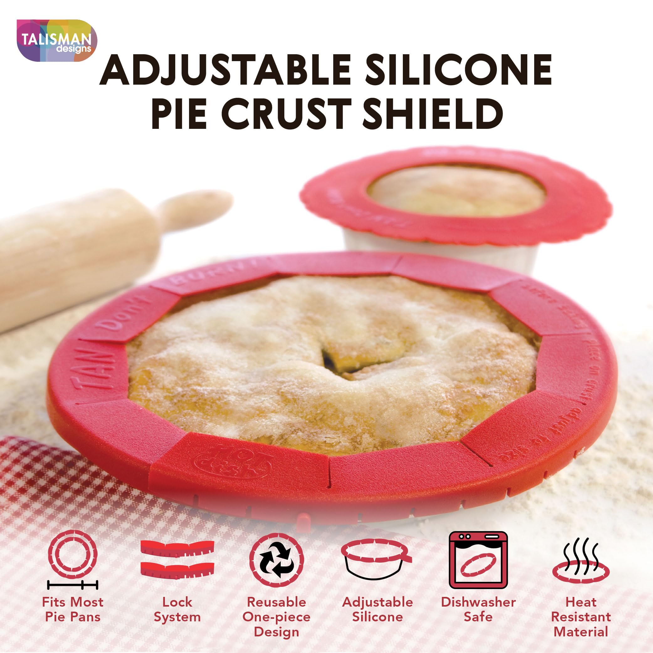 Talisman Designs Baking Pie Crust Shield Protector Cover For Edges Of Pie - 8-Inch To 11.5-Inch Adjustable Silicone Baking Acces