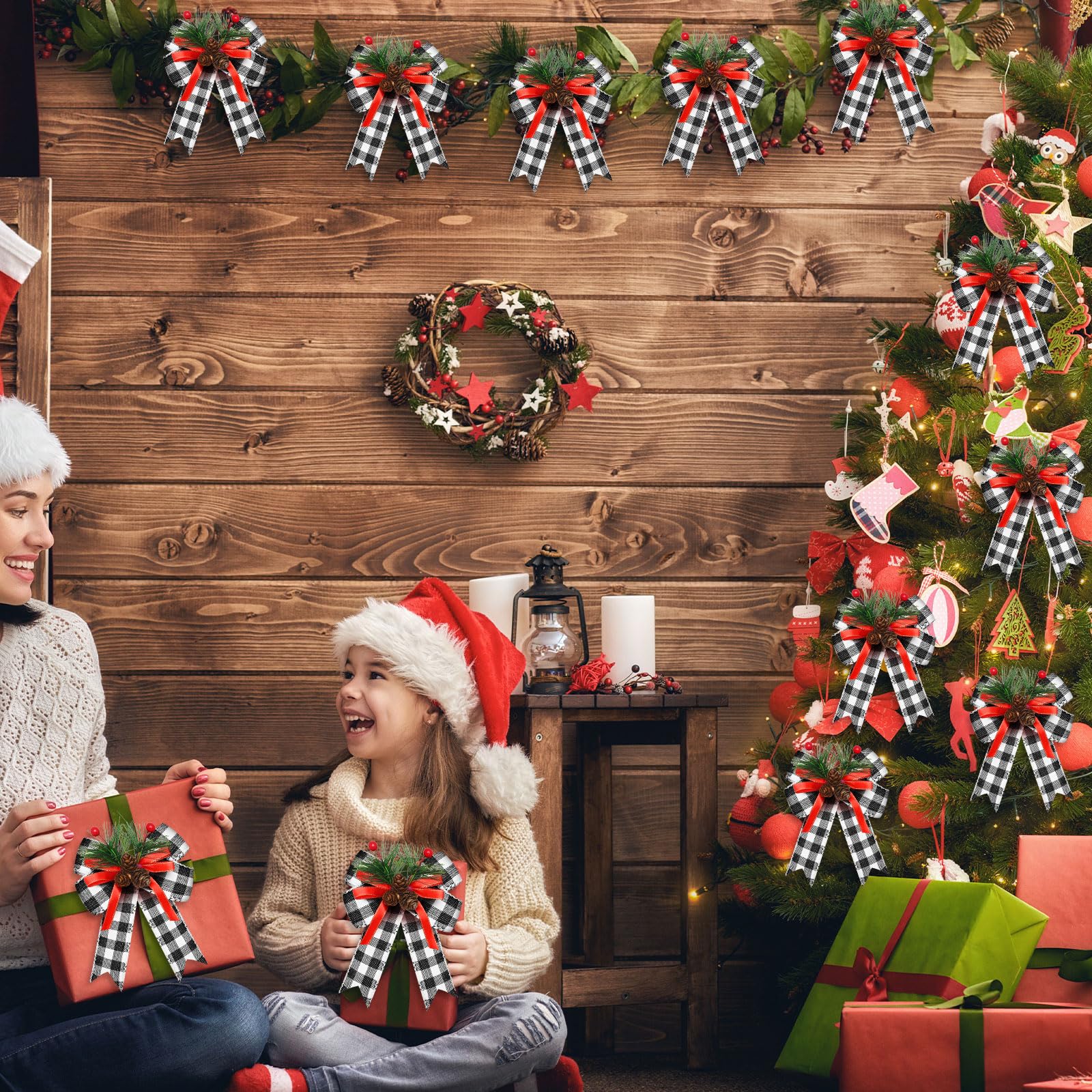 Syhood 6 Pcs Christmas Bows with Pine Cones Pine Needles Xmas Plaid Bows Black White Ribbon Christmas Tree Wreath Decoration for