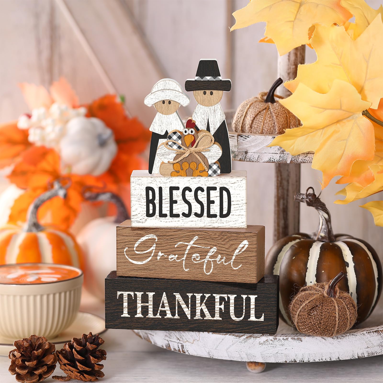 4 Pcs Thanksgiving Table Decor for Home Pilgrim Couple Wooden Signs with Blessed Thanksgiving Autumn Tiered Tray Decor Turkey Ta