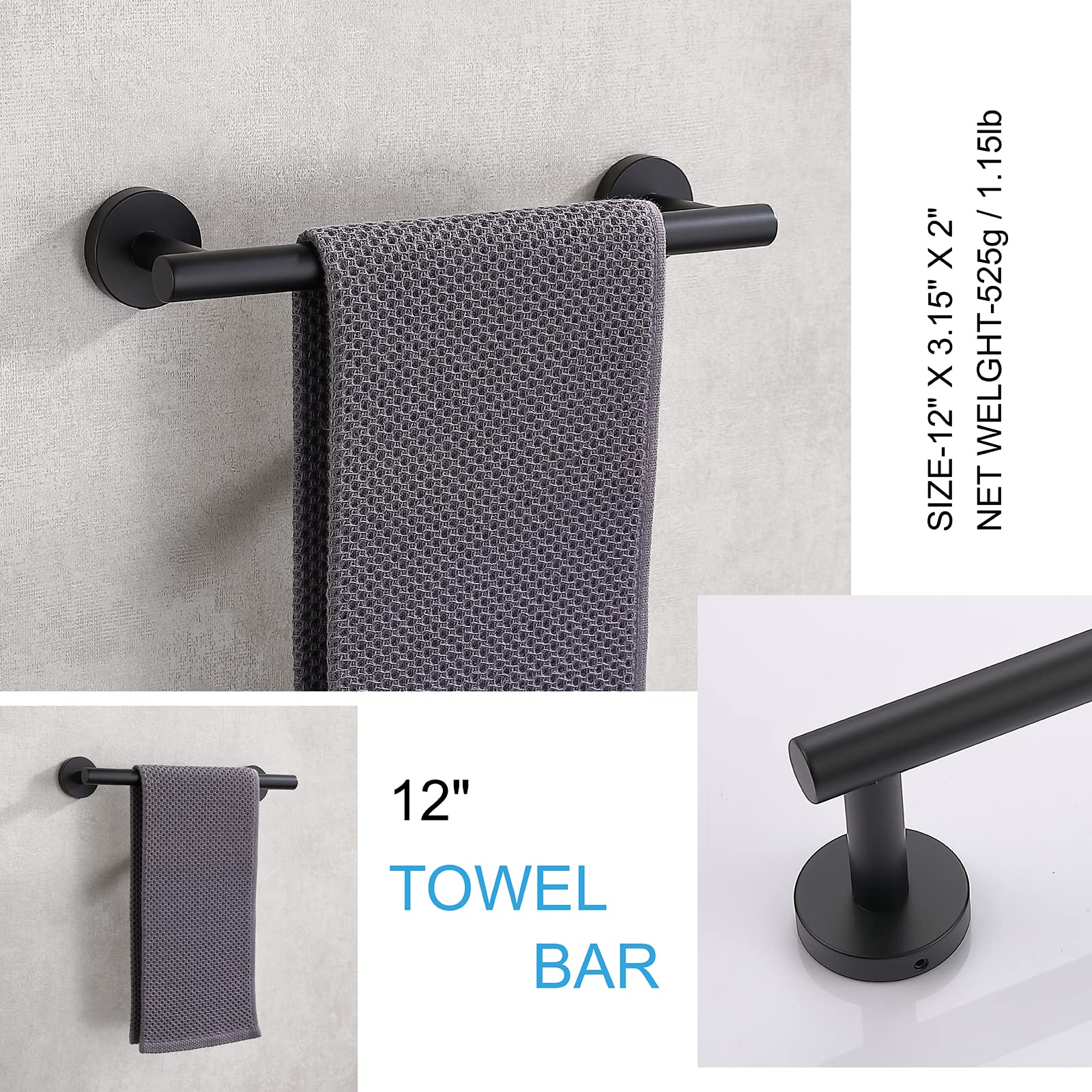 Tastos 12 Inch Black Single Towel Bar Rack, Sus 304 Stainless Steel Round Bathroom Towel Bar Heavy Duty Towel Holder Kitchen Tow
