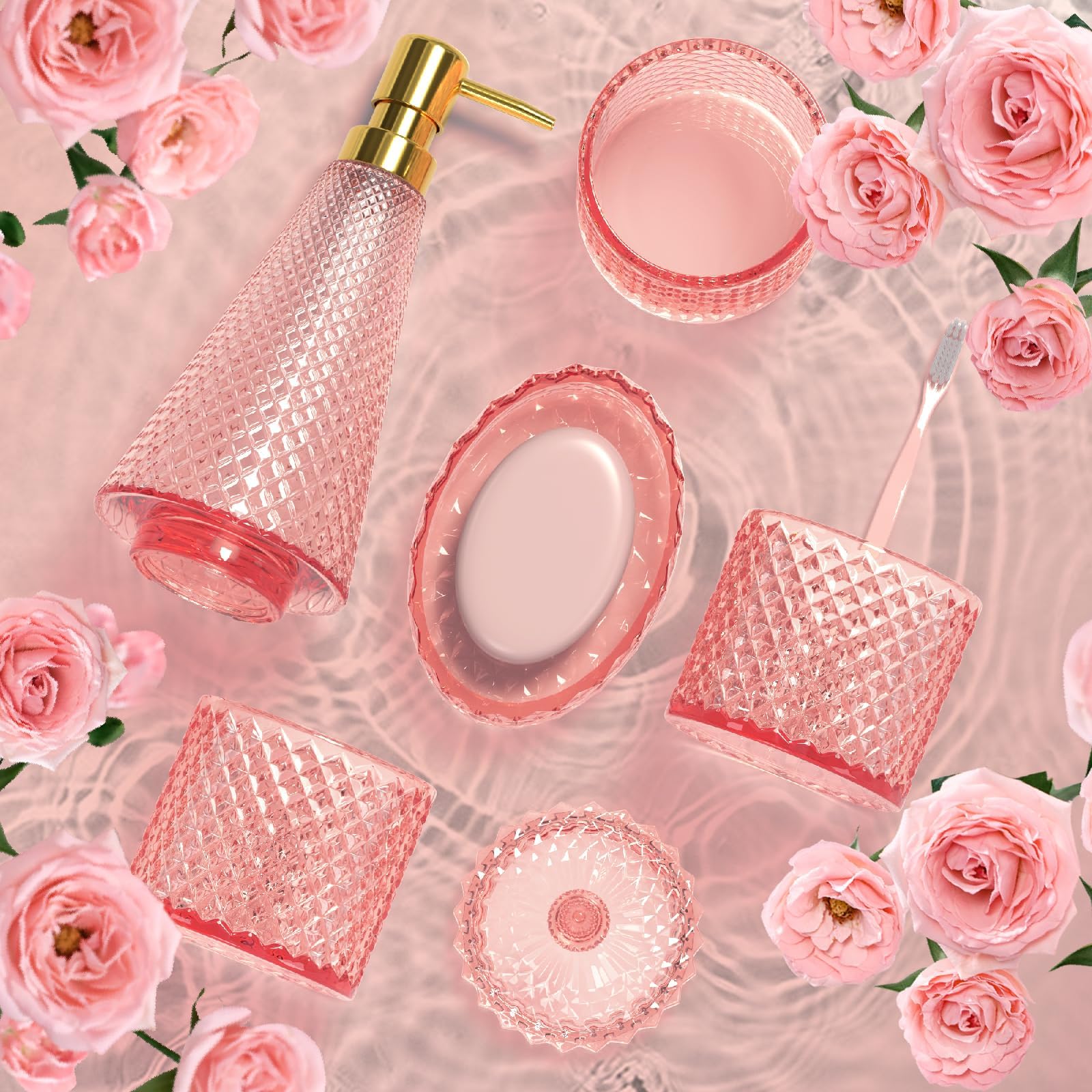 Pink Bathroom Accessories Set, 5 Pcs Premium Glass Bathroom Accessory Set With Vanity Organizer, Lotion Dispenser, Soap Dish, Ba