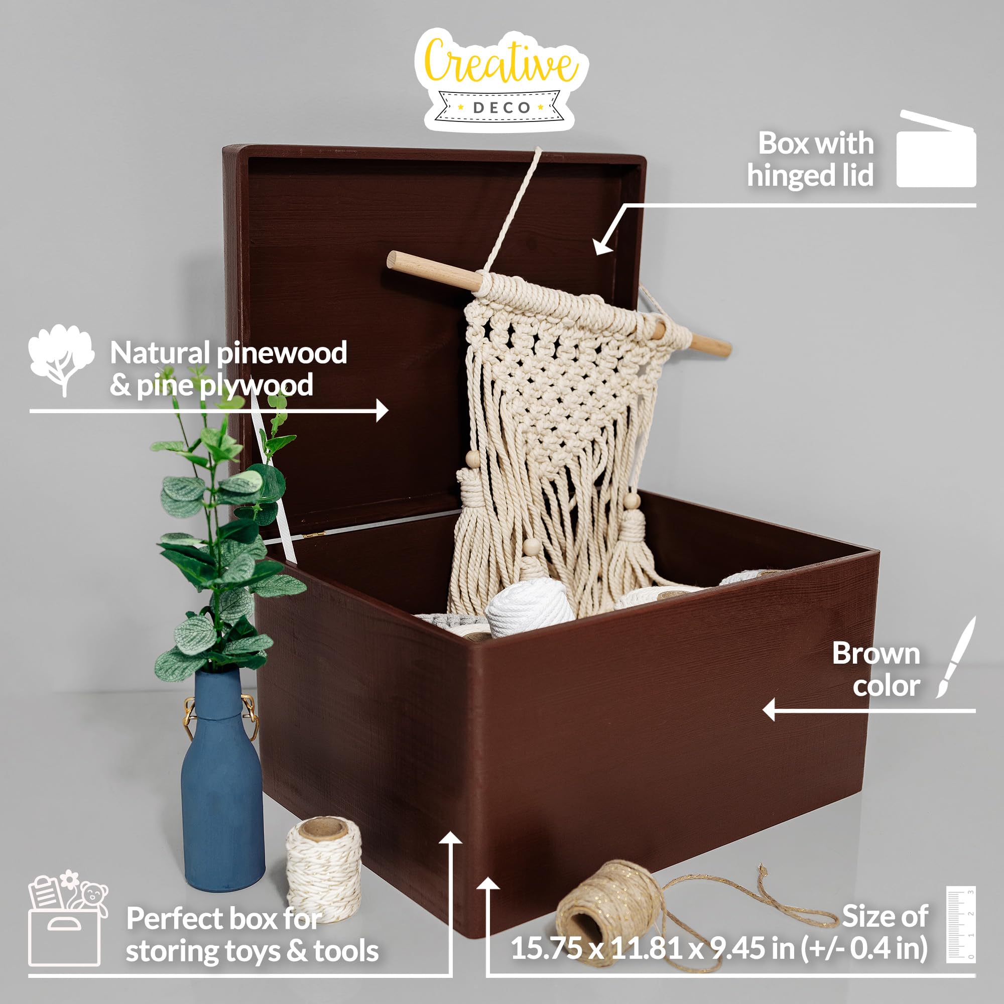 Creative Deco Large Brown Wooden Box Storage with Hinged Lid | 15.8 x 11.8 x 9.44 inches (+-0.5) | Gift Box Kitchen Storage Docu