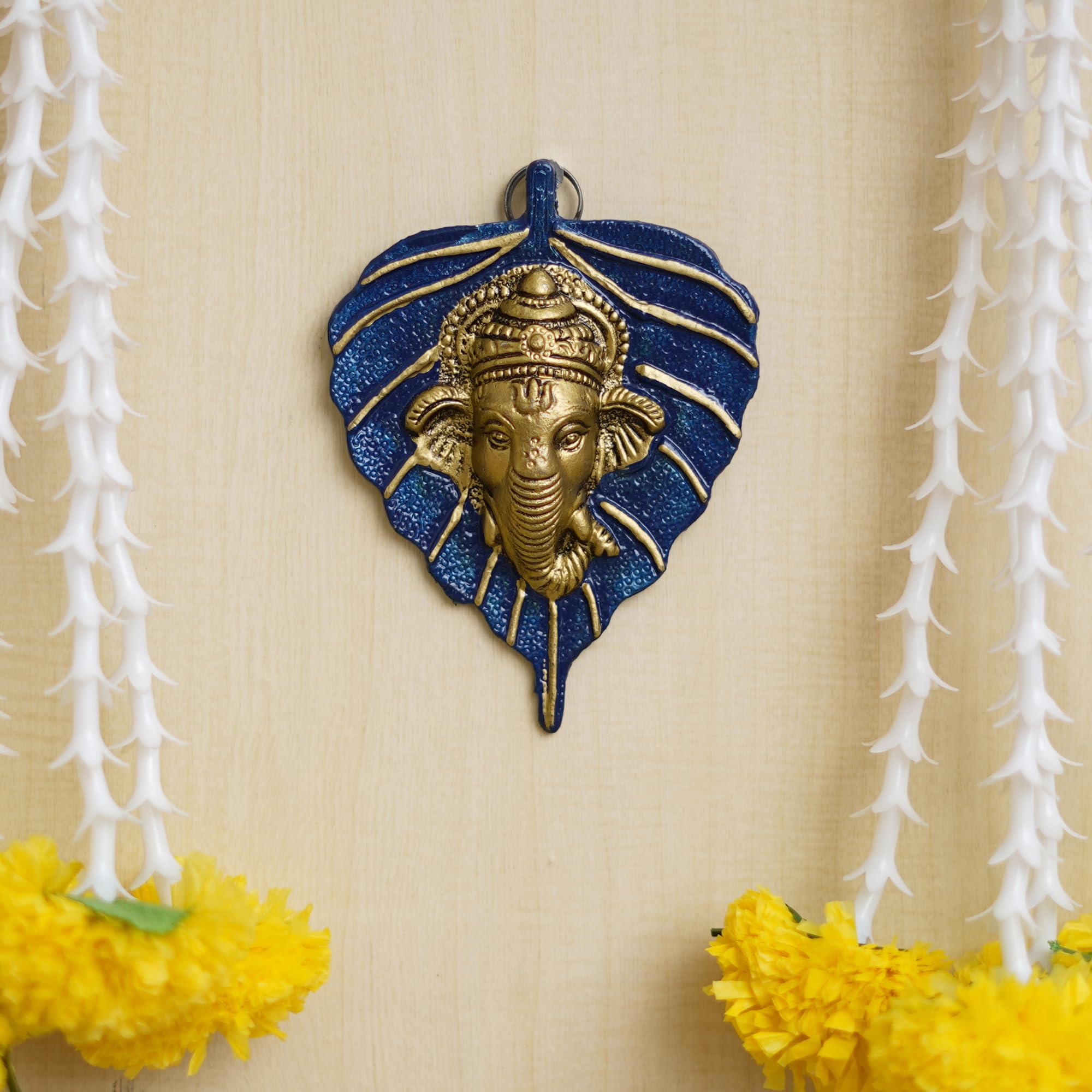 Ecraftindia Blue & Golden Lord Ganesha Face On Leaf Wall Hanging Decorative Showpiece For Home, Office, Mandir | Ideal For Diwal