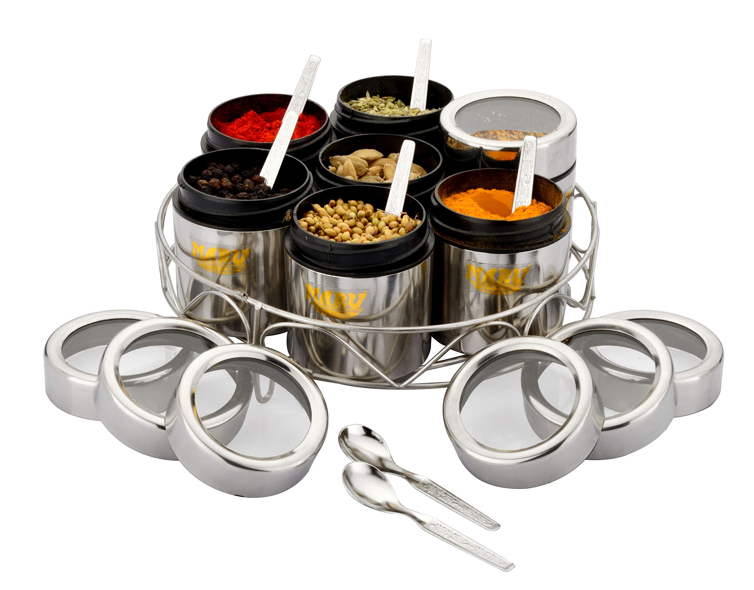MARU 7-in-1 Indian Spice Box Set, Masala Dabba with Wire Stand, Compact Spice Rack for Kitchen, Perfect for Storing Indian Spice