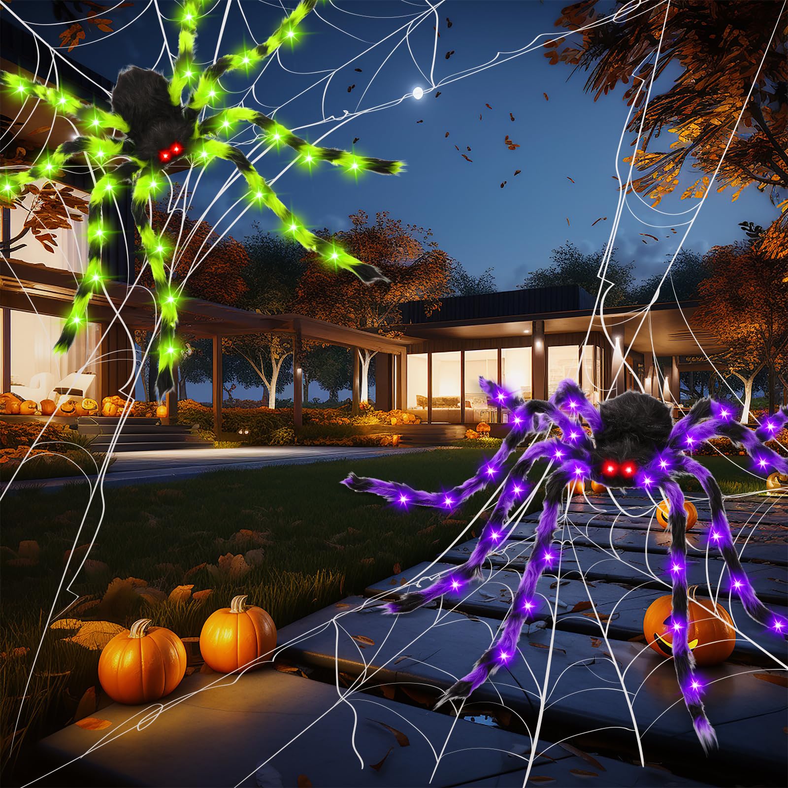2 Pack 50 Halloween Light Up Spiders, Giant Hairy Spider Decorations with Green and Purple LED Lights Scary Indoor Outdoor Hallo