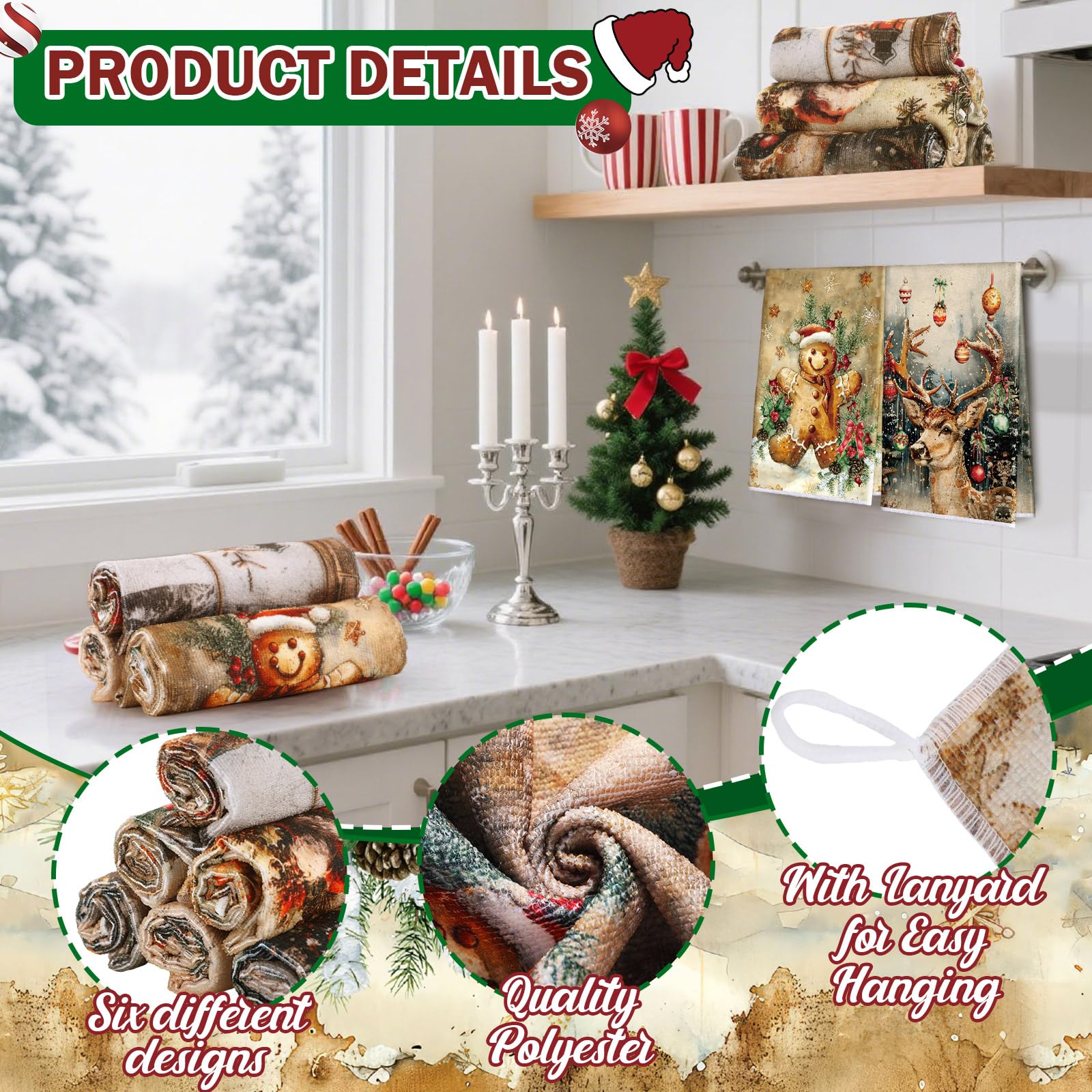 Hosuly 6 Pcs Christmas Kitchen Towels Hand Towels Christmas Snowman Santa Elk Dish Cloth Xmas Tree Cloth Housewarming Gifts for