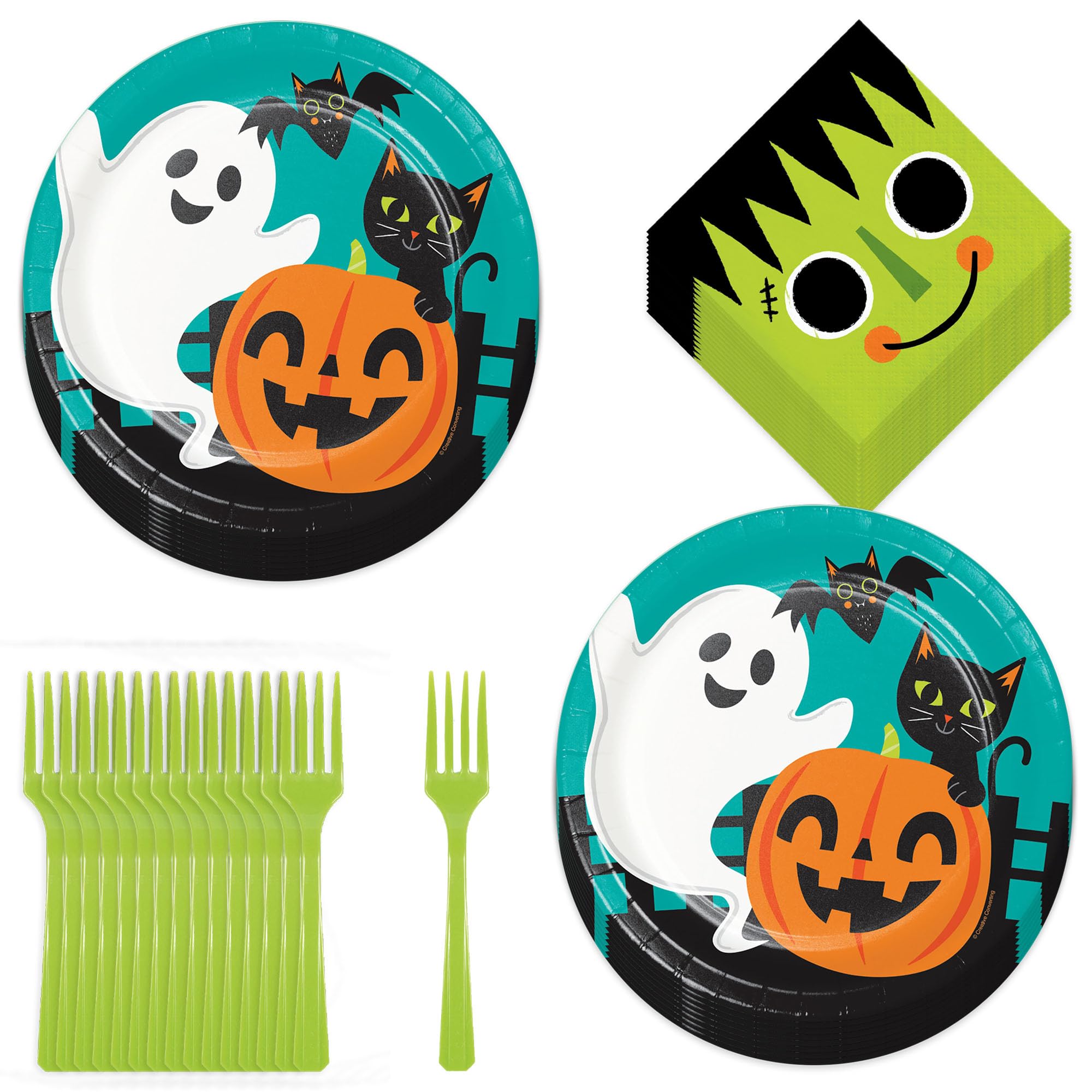 HOME & HOOPLA Halloween Fun Party Pack - Ghost & Friends Paper Dinner Plates, Beverage Napkins and Forks (Serves 16)