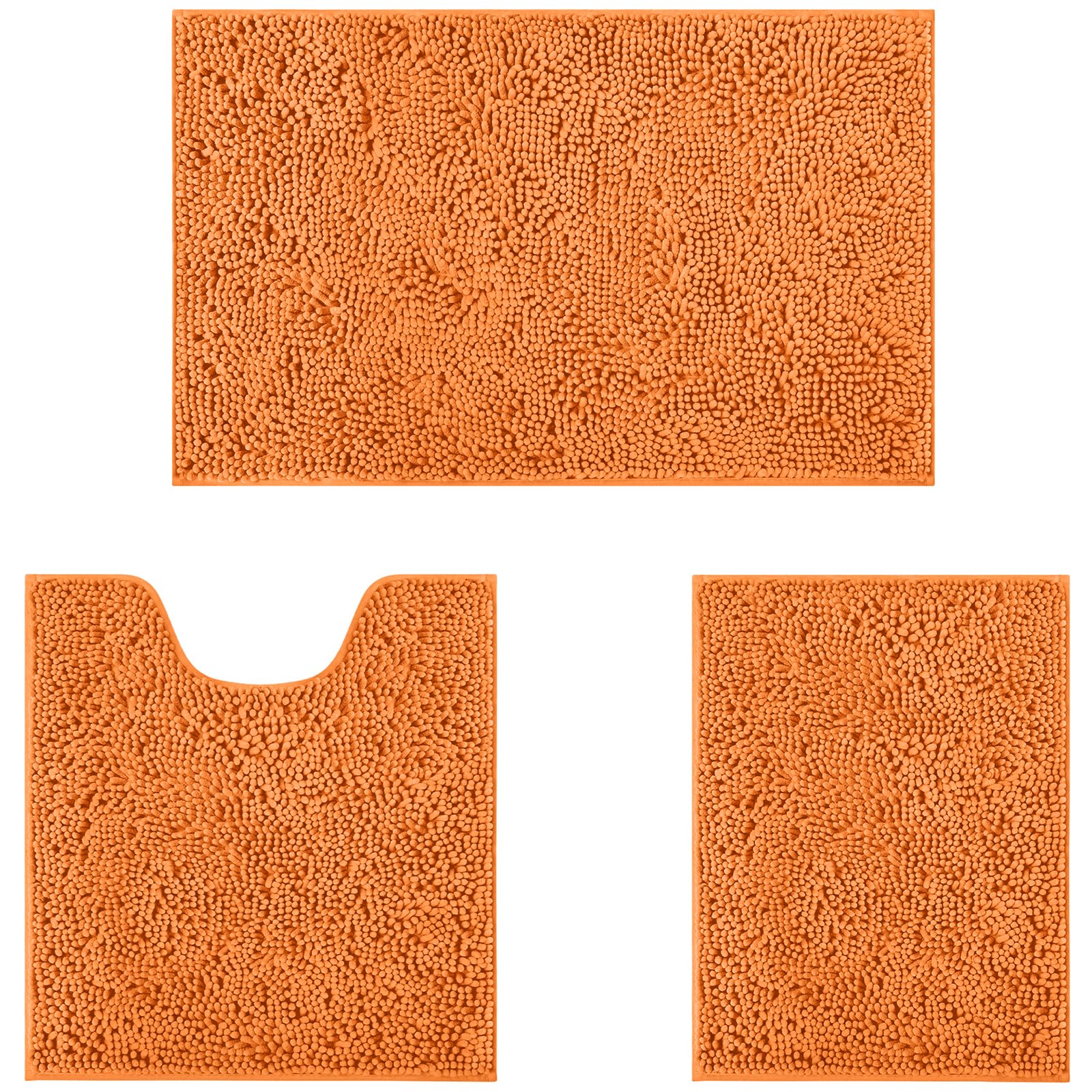 Homeideas 3 Pieces Bathroom Rugs, Ultra Soft Non Slip Absorbent Chenille Toilet Bath Mat Set (Orange)