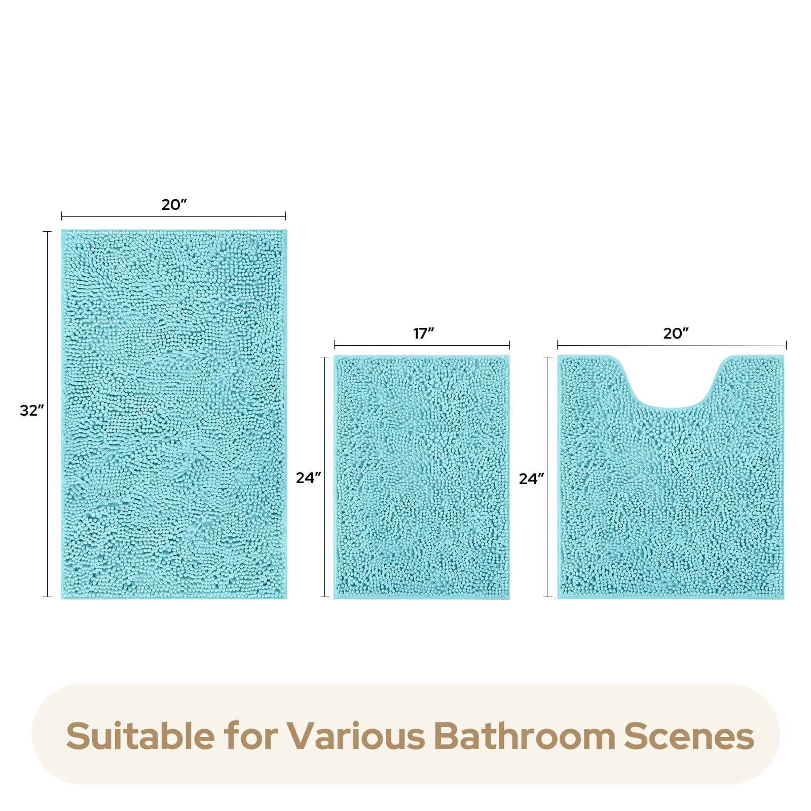 HOMEIDEAS 3 Pieces Bathroom Rugs  Ultra Soft Non Slip Absorbent Chenille Toilet Bath Mat Set (Aqua Blue)