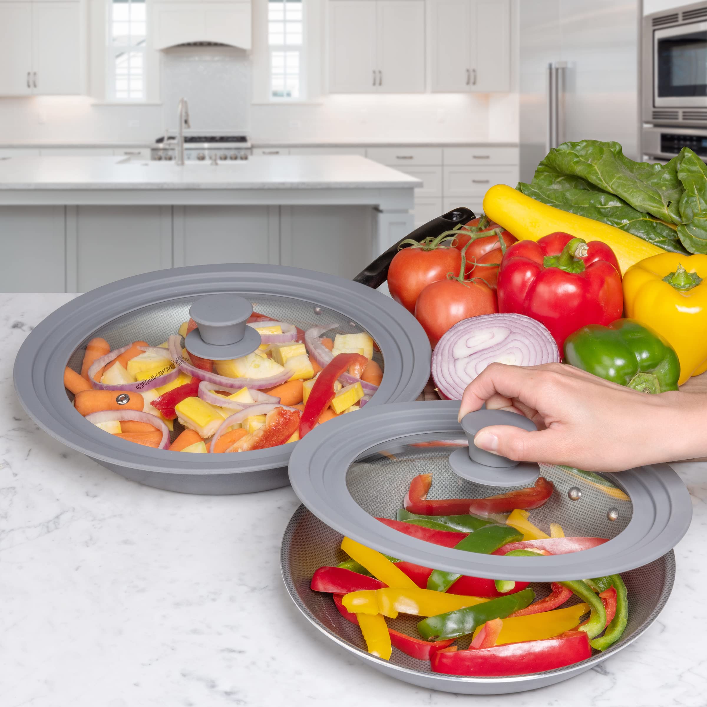 Universal Silicone Glass Lid Set For Pots Pans & Skillet Size 7, 7.5, 8, 8.5, 9, 9.5,10, 10.5,11 & 11.5 '' Inches, Tempered Glas