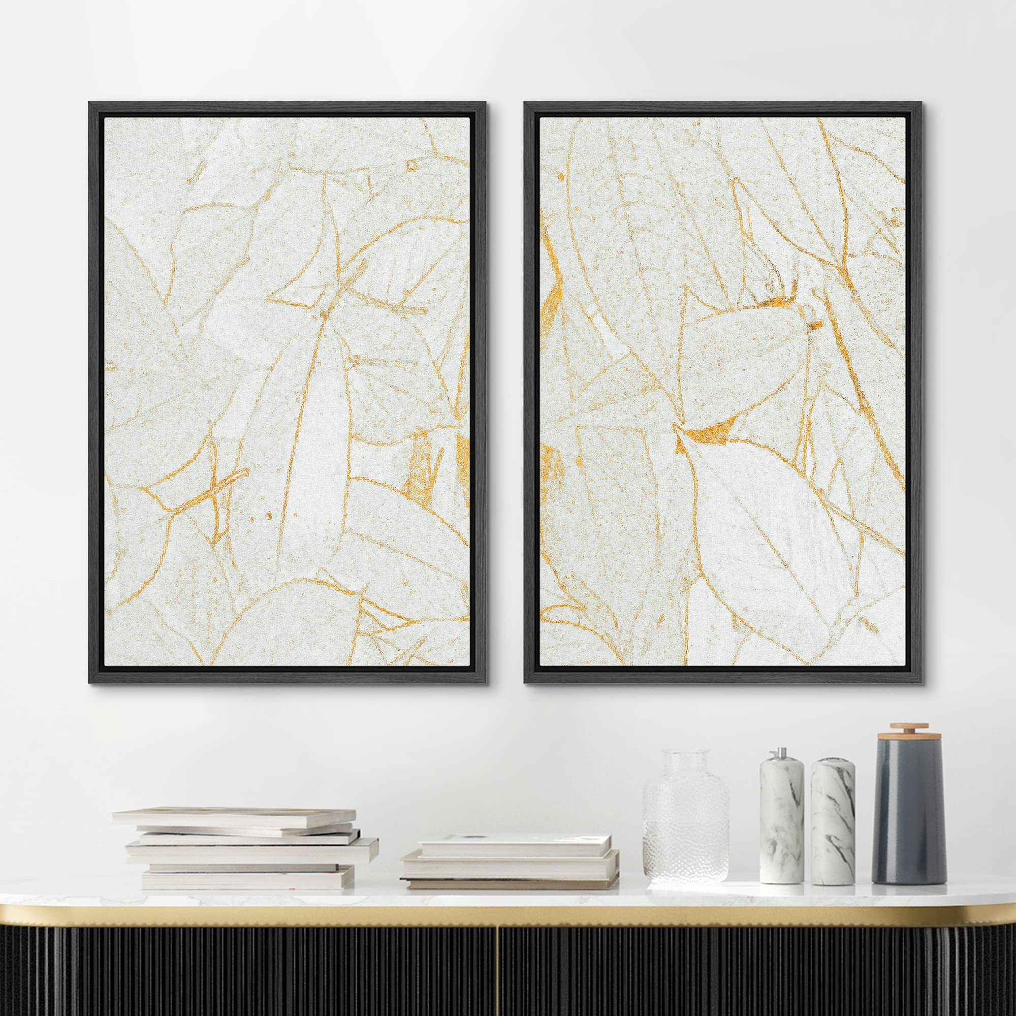 MUDECOR Framed Canvas Print Wall Art Gold & White Tropical Jungle Leaves Wilderness Nature Illustrations Modern Art Decorative Calm/Relax Multicolor Rustic Minimal for Bedroom - 16''x24''x2 Black