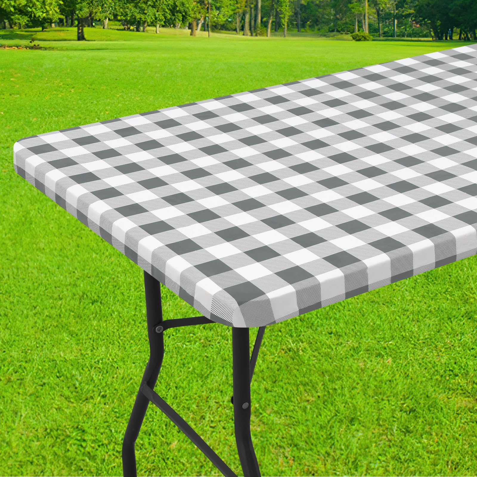 Smiry Rectangle Picnic Table Cloth, Elastic Waterproof Fitted Vinyl Tablecloth For 6 Ft Tables, Flannel Backed Buffalo Plaid Tab