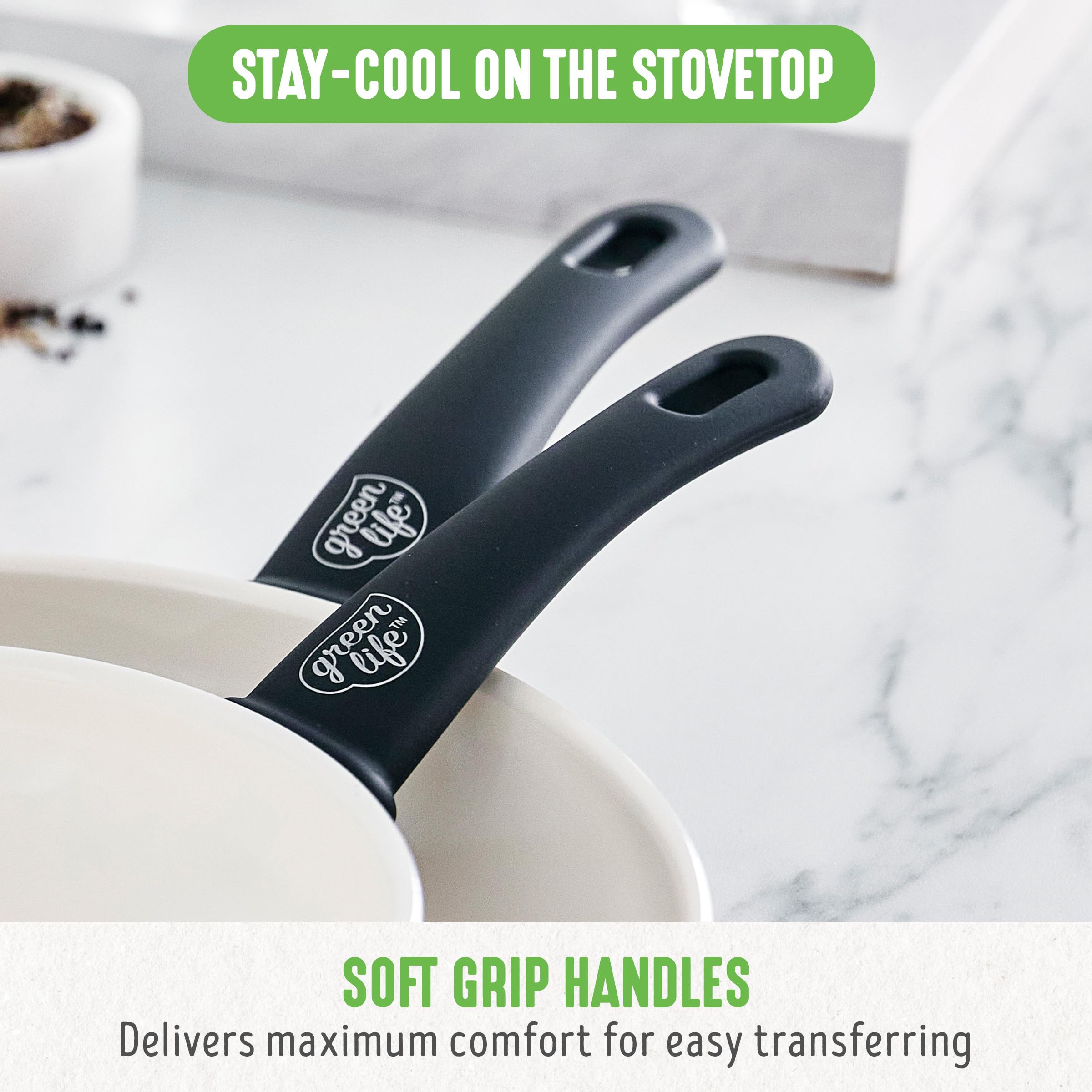 GreenLife Soft Grip 16 Piece Cookware Set, Non-Toxic PFAS-Free Ceramic Nonstick, Frying, Sauce, Saute, Utensils, Glass Lids, Sta