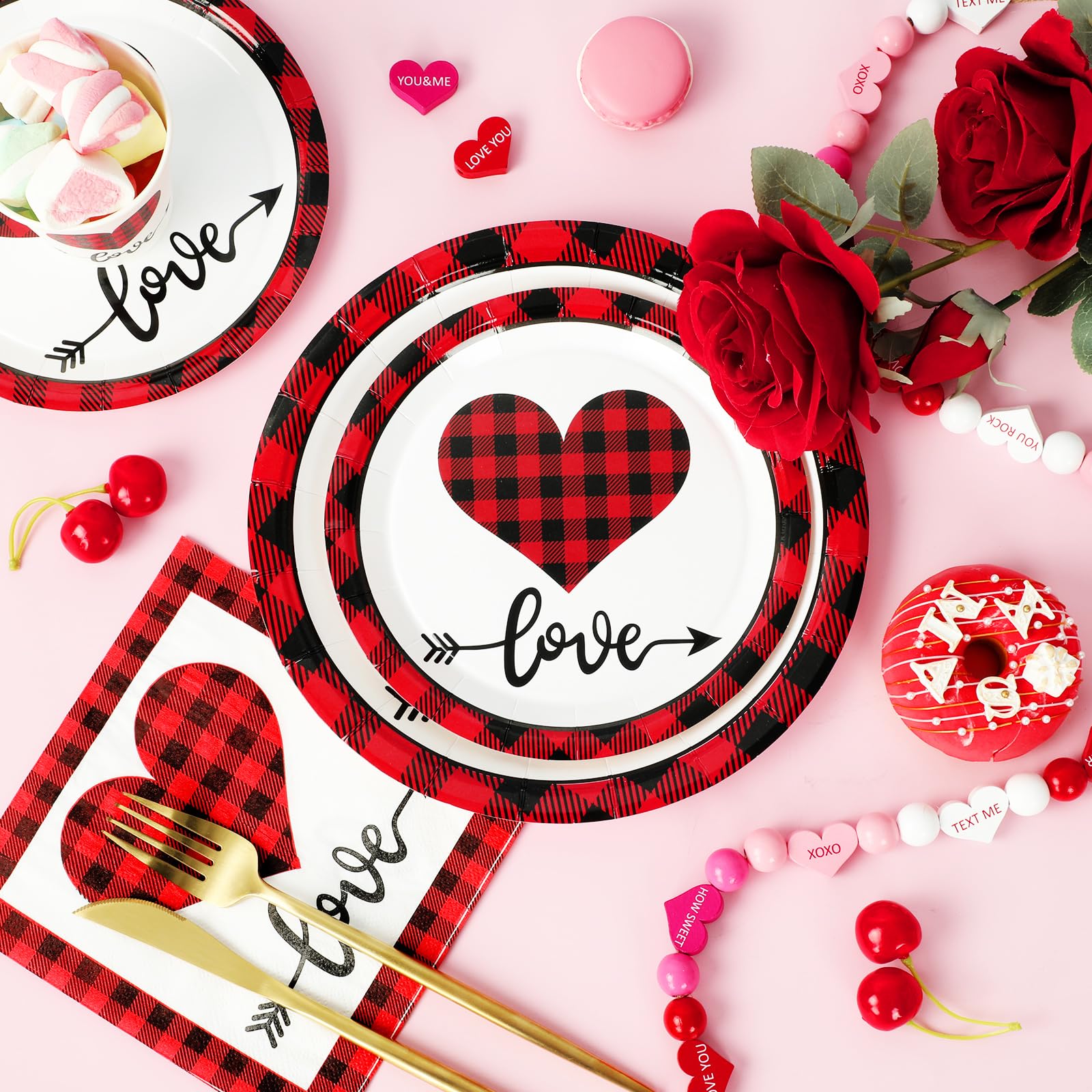 Whaline 100Pcs Valentine'S Day Tableware Set Buffalo Plaid Love Heart Disposable Dinnerware Set 50Pcs Paper Plates 25Pcs Napkin