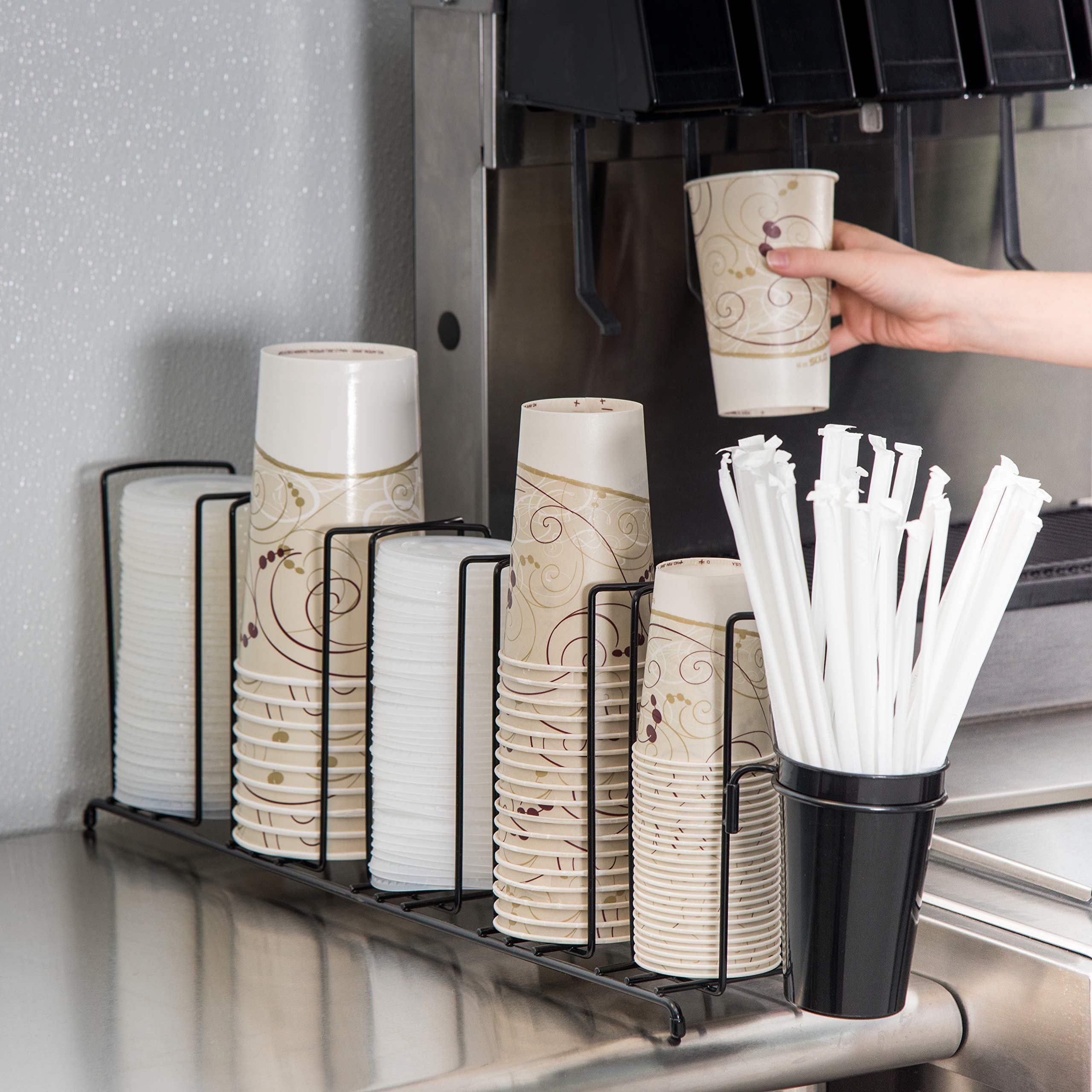 San Jamar Wireworks Cup And Lid Wire Organizer 3 Stacks With Straw Caddy For Restaurants, Dining Halls, And Fast Food, Steel Wir