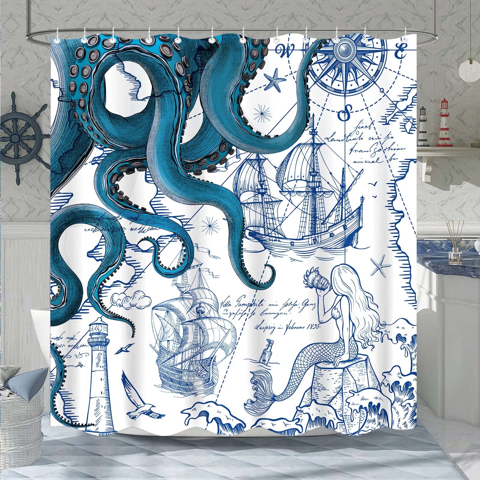 Fungarth Long Blue Nautical Octopus Shower Curtain Navy Mermaid Funny Ocean Kraken Shower Curtains For Bathroom Cool Anchor Coas