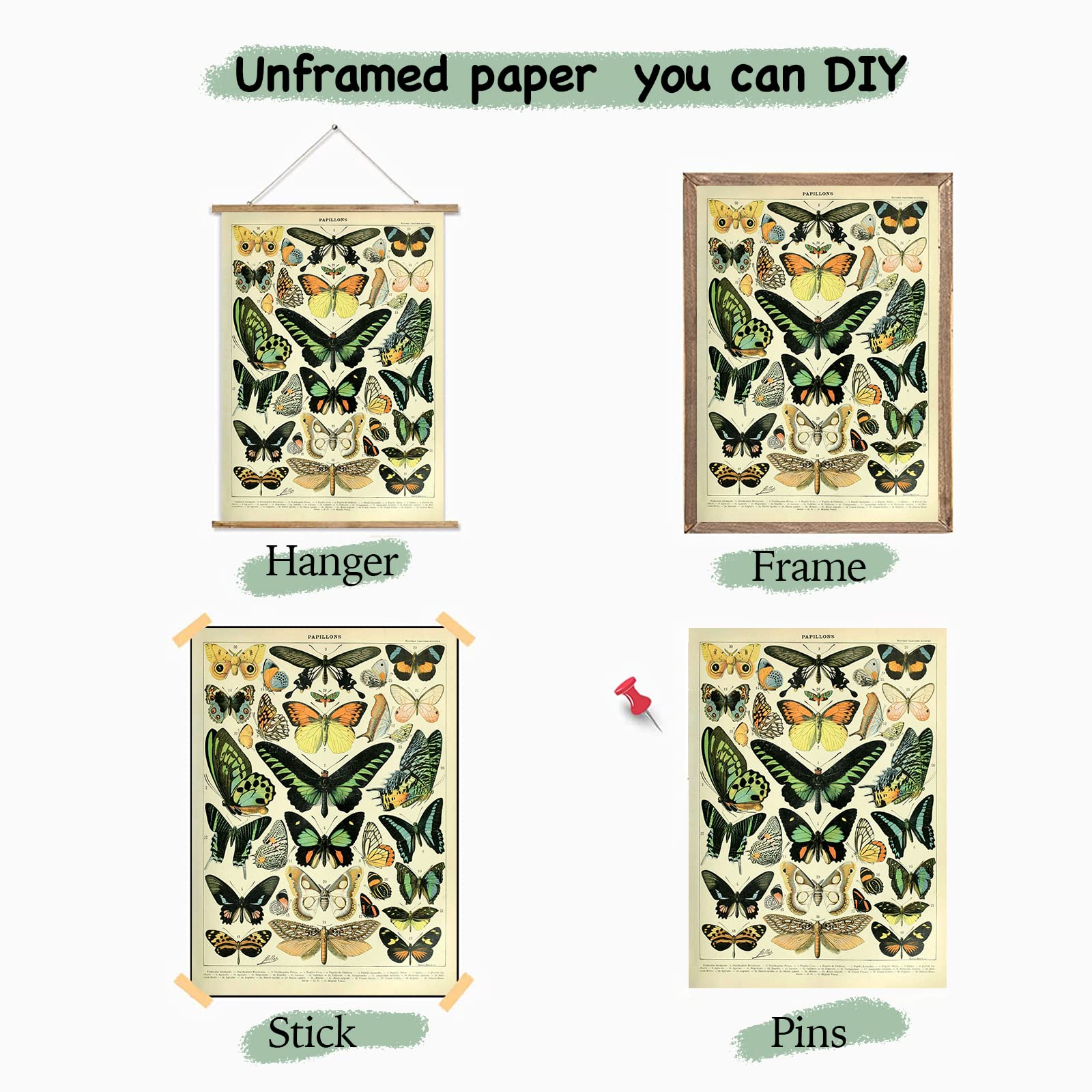 Ovfovy Unframed Paper Vintage Butterfly Poster, Unframed Wall Art Print