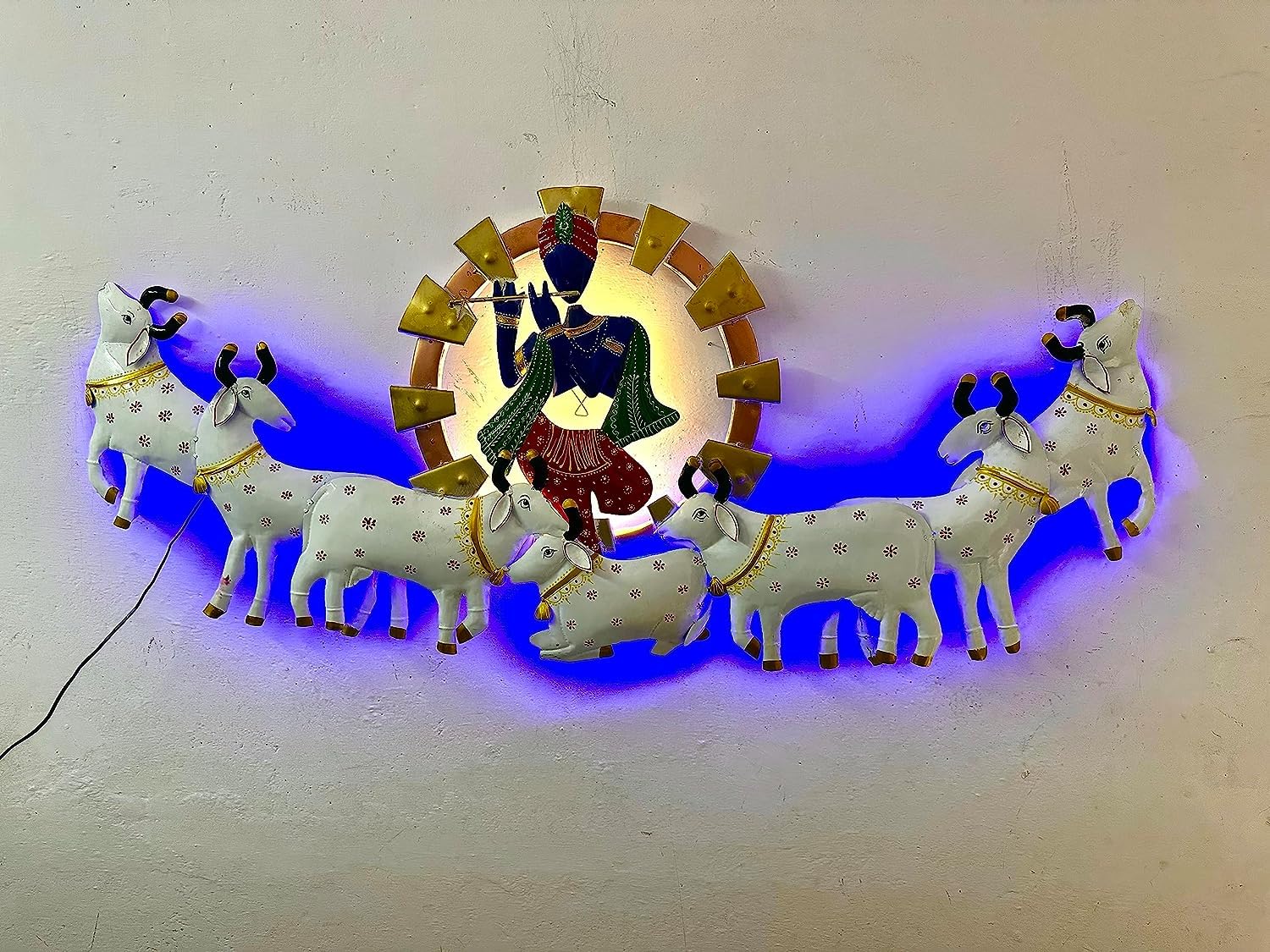 Metal Krishna Playing Basuri With Cow Wall Hanging For Home Decoration, Wall Sculpture For Living Room, Wall Hanging Decorative
