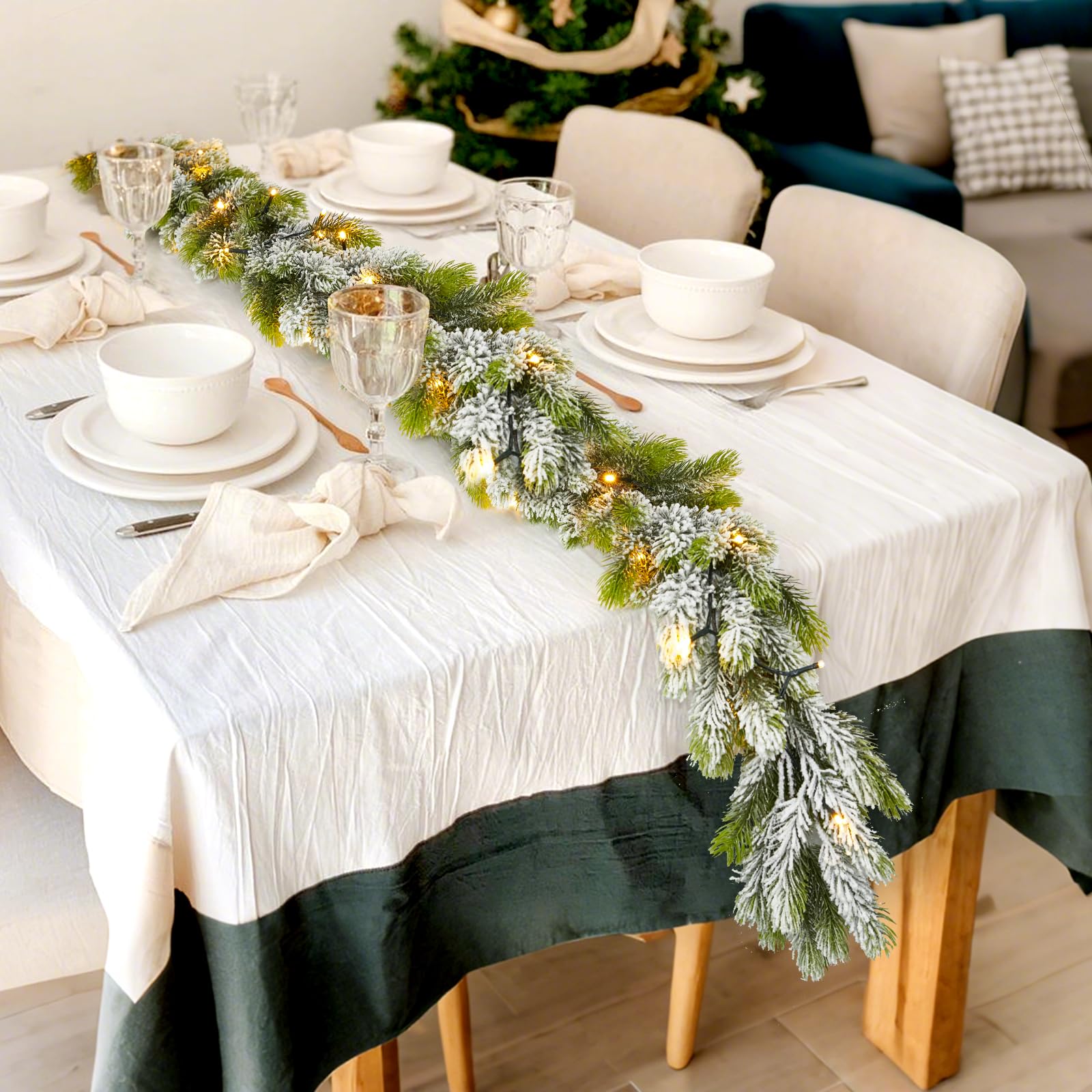 9FT Real Touch Norfolk Snow Pine Christmas Garland with Light Winter Artificial Faux Greenery Garland Table Mantle Stairs Firepl