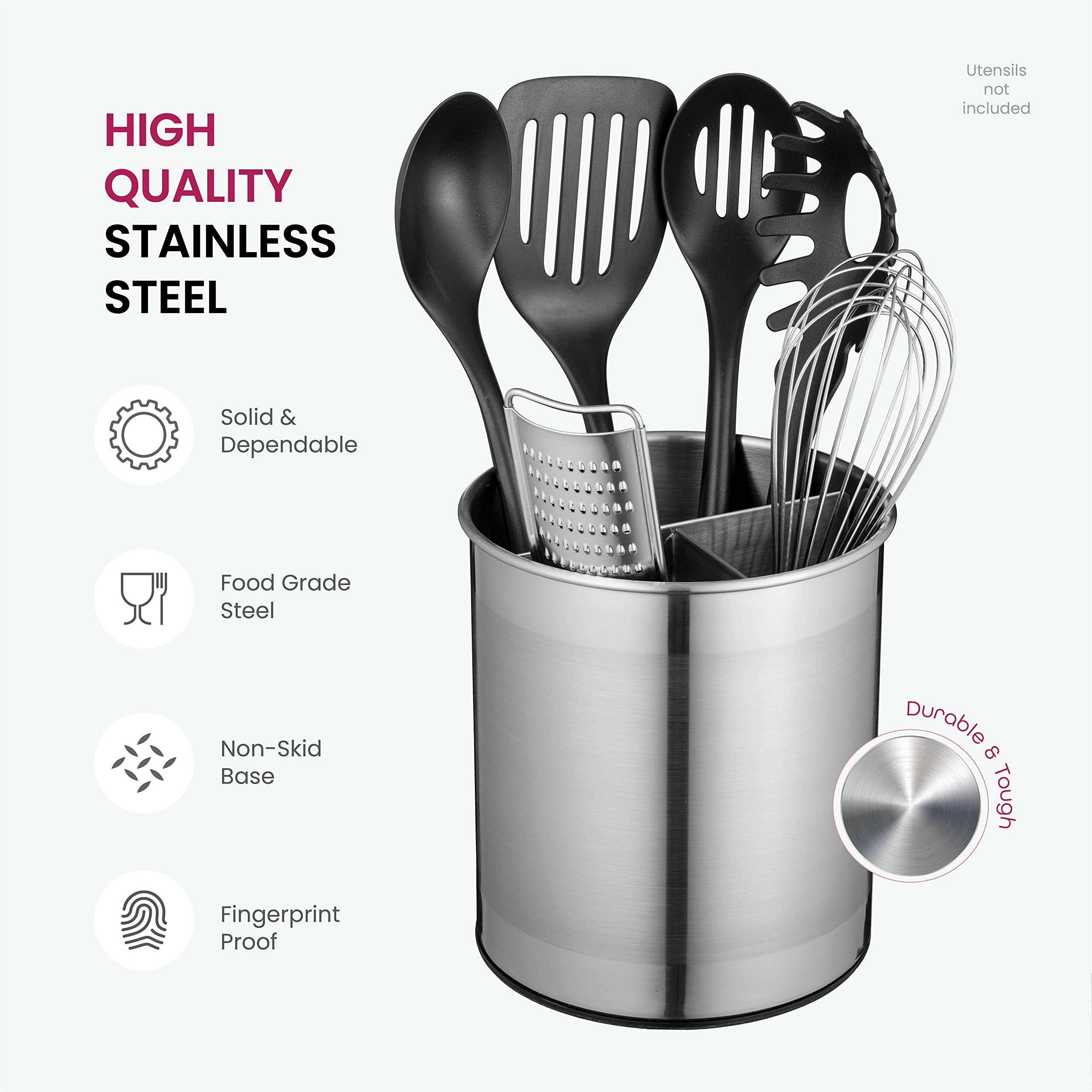 Finedine Rotating Utensil Crock With Weighted Base For Stability, Stainless Steel Utensil Caddy With Removable Divider, Brushed