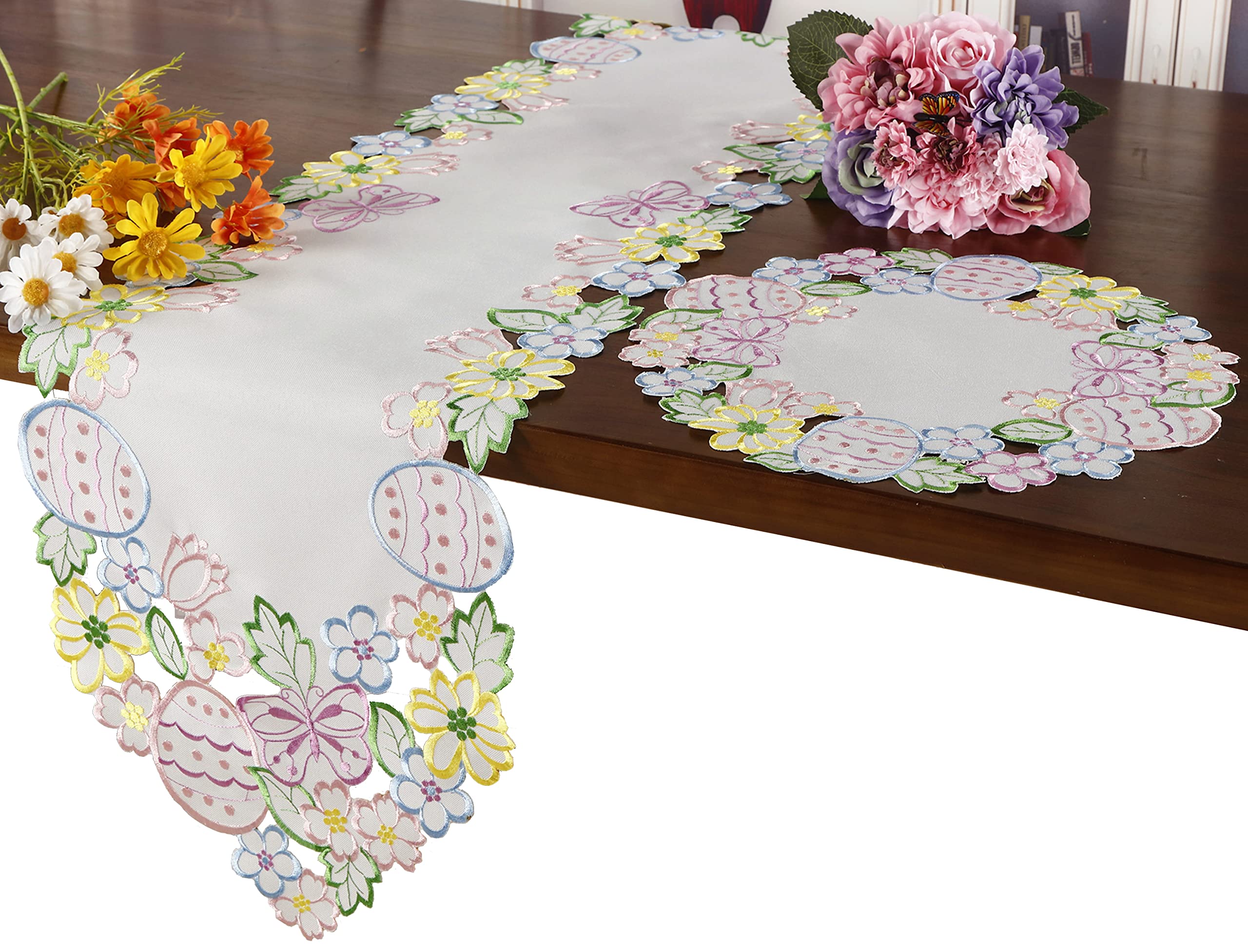 Easter Spring Table Runner Cutwork Embroidered Floral And Eggs Butterflies Dresser Scarf Table Topper Home Kitchen Dining Tablet