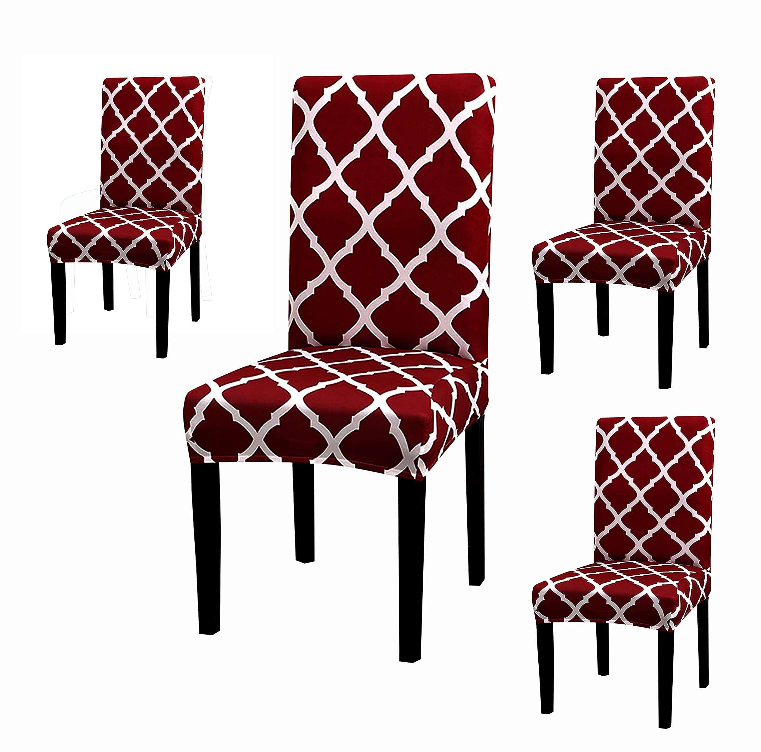 House Of Quirk Elastic Stretch Removable Washable Polyester Short Dining Chair Cover (4 Cover, Maroon Diamond)