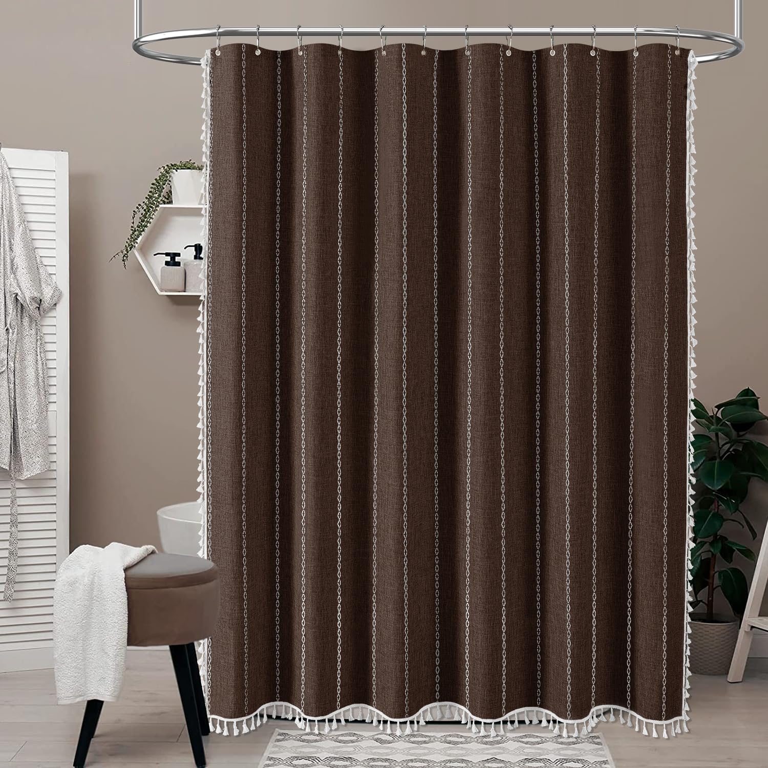 Bttn Boho Shower Curtain, Bohemian Linen Fabric Heavy Duty Striped Shower Curtains Set With Tassel, Water Repellent, Farmhouse A