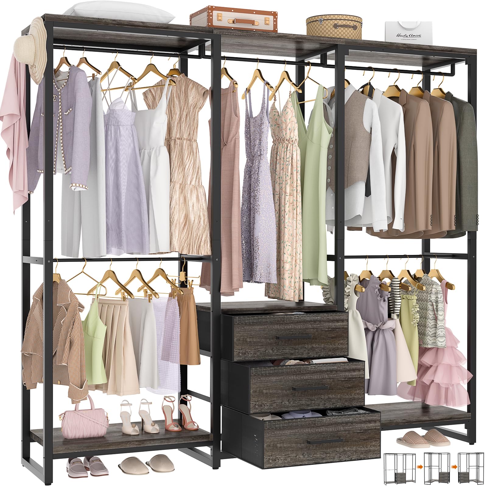 Aheaplus Garment Rack Heavy Duty Clothes Rack For Hanging Clothes,Clothing Rack With Drawers, Wood Stoarge Shelf Wardrobe Rack,