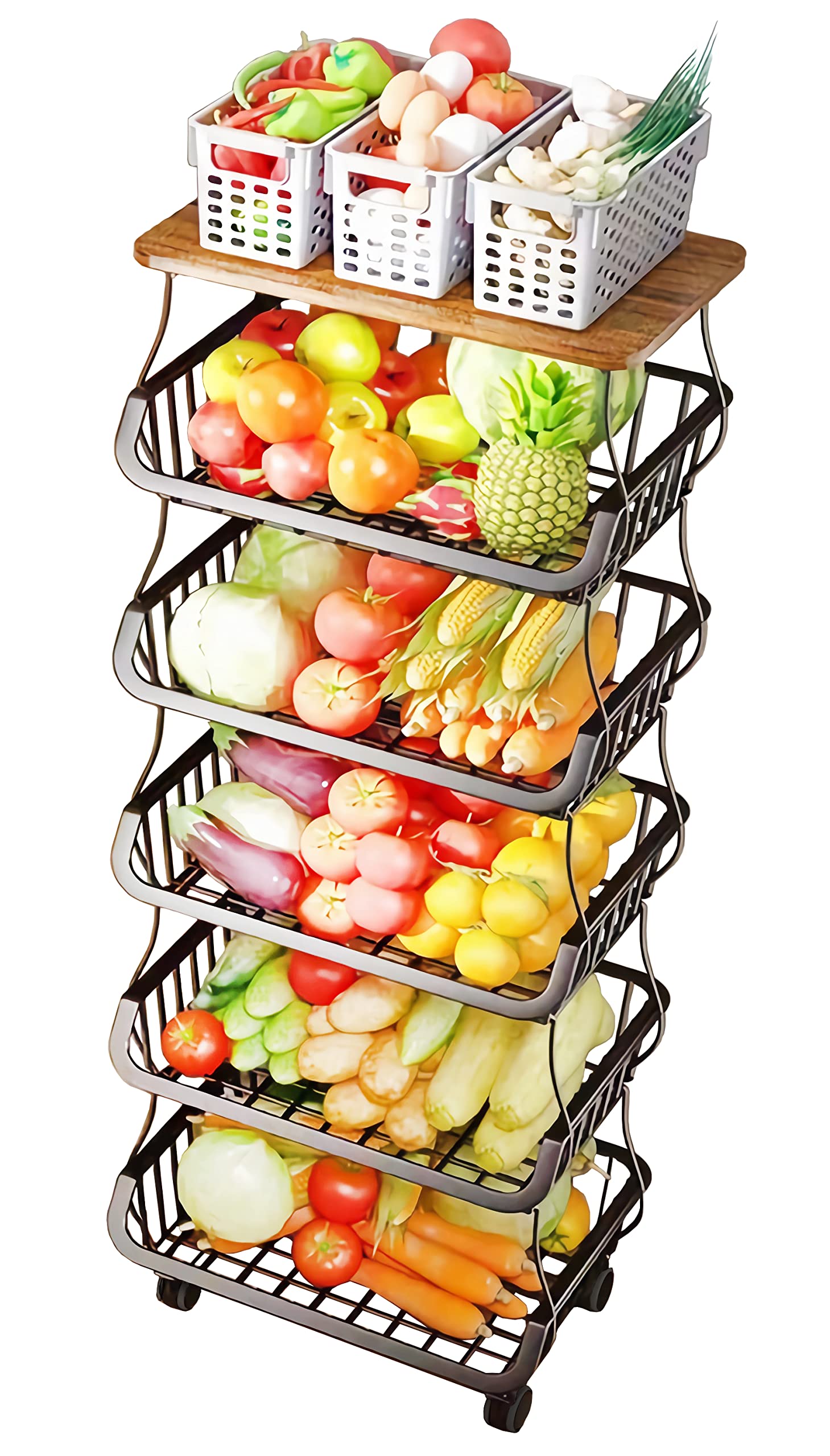 MURRI&MURRDI Fruit Vegetable Storage Basket with Wooden Lid, 6 Tier Stackable Wire Storage Baskets with Wheels Produce Basket Or