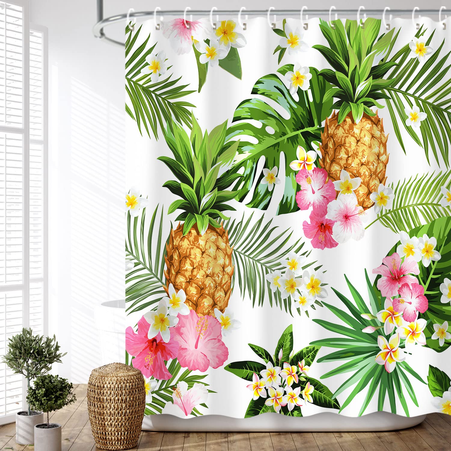 Livilan Tropical Shower Curtain, Summer Pineapple Fabric Bathroom Curtain Set With Hooks Decorative Green Leaves Pink Flowers 72