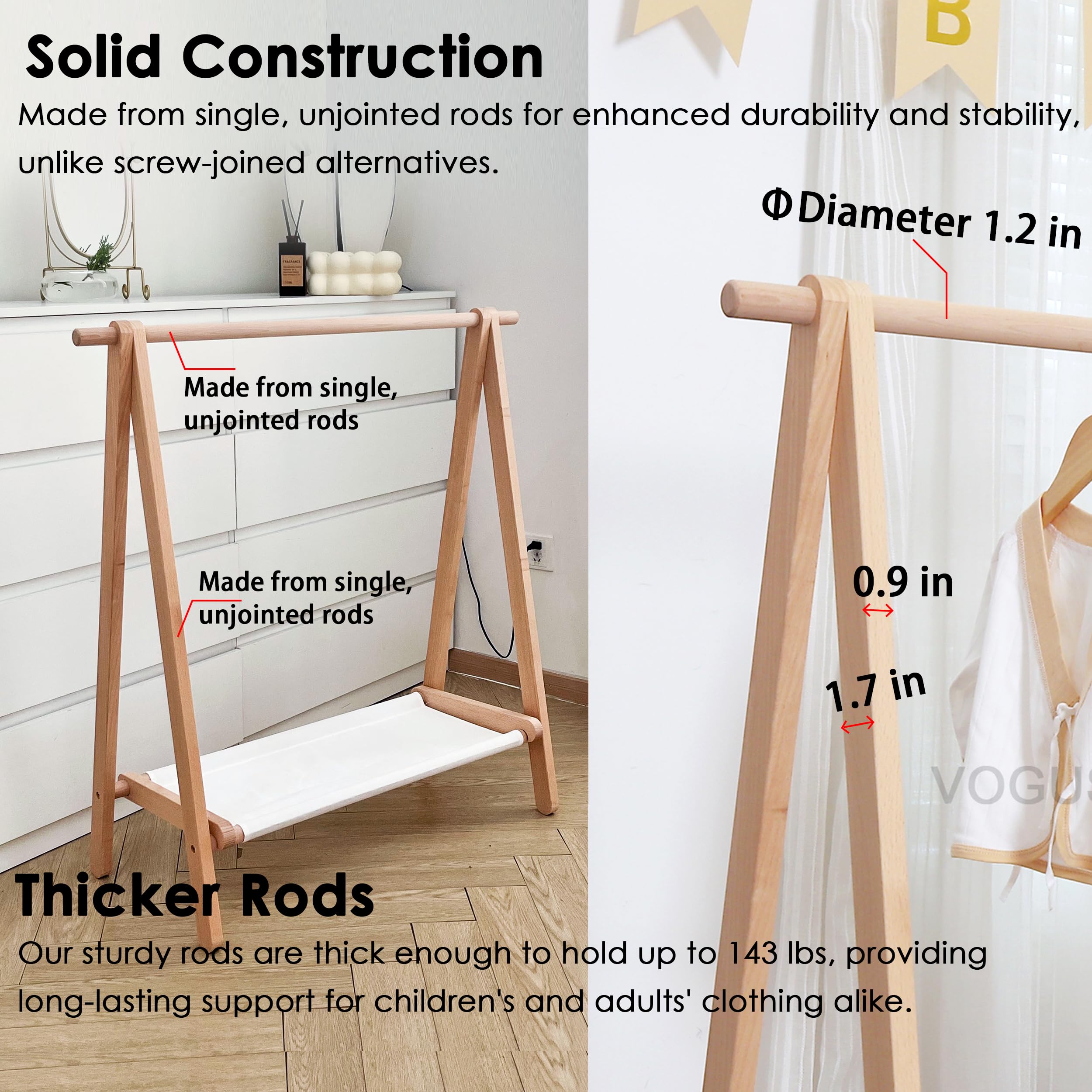 VOGUSLAND Dress up Rack  Child Garment Rack  Kids Clothing Rack with Storage Shelf (Natural Beech  38'' L x 14.5'' W x 40'' H)