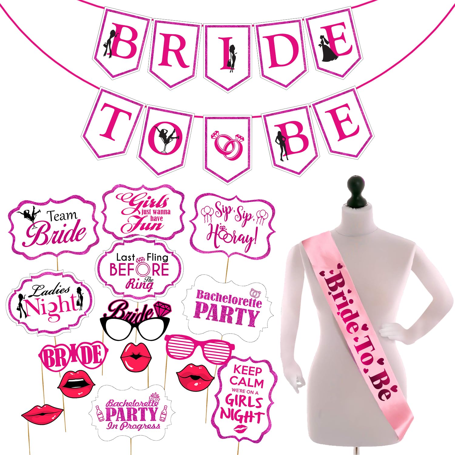 Zyozique Bachelorette Party Kit | Bride to be Sash | Paper Banner | Photo Booth Props | Bachelorette Set | Bride to be Gift | En