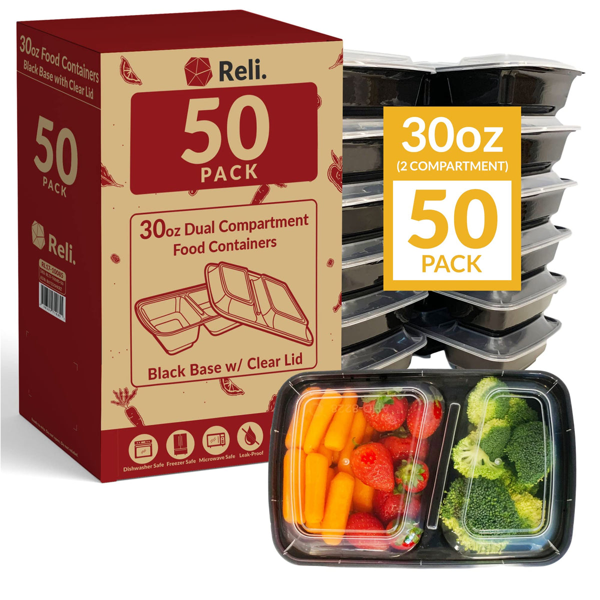 Reli. Meal Prep Containers, 30 Oz. (50 Pack) - Black 2 Compartment Food Containers With Lids, Microwavable Food Storage Containe