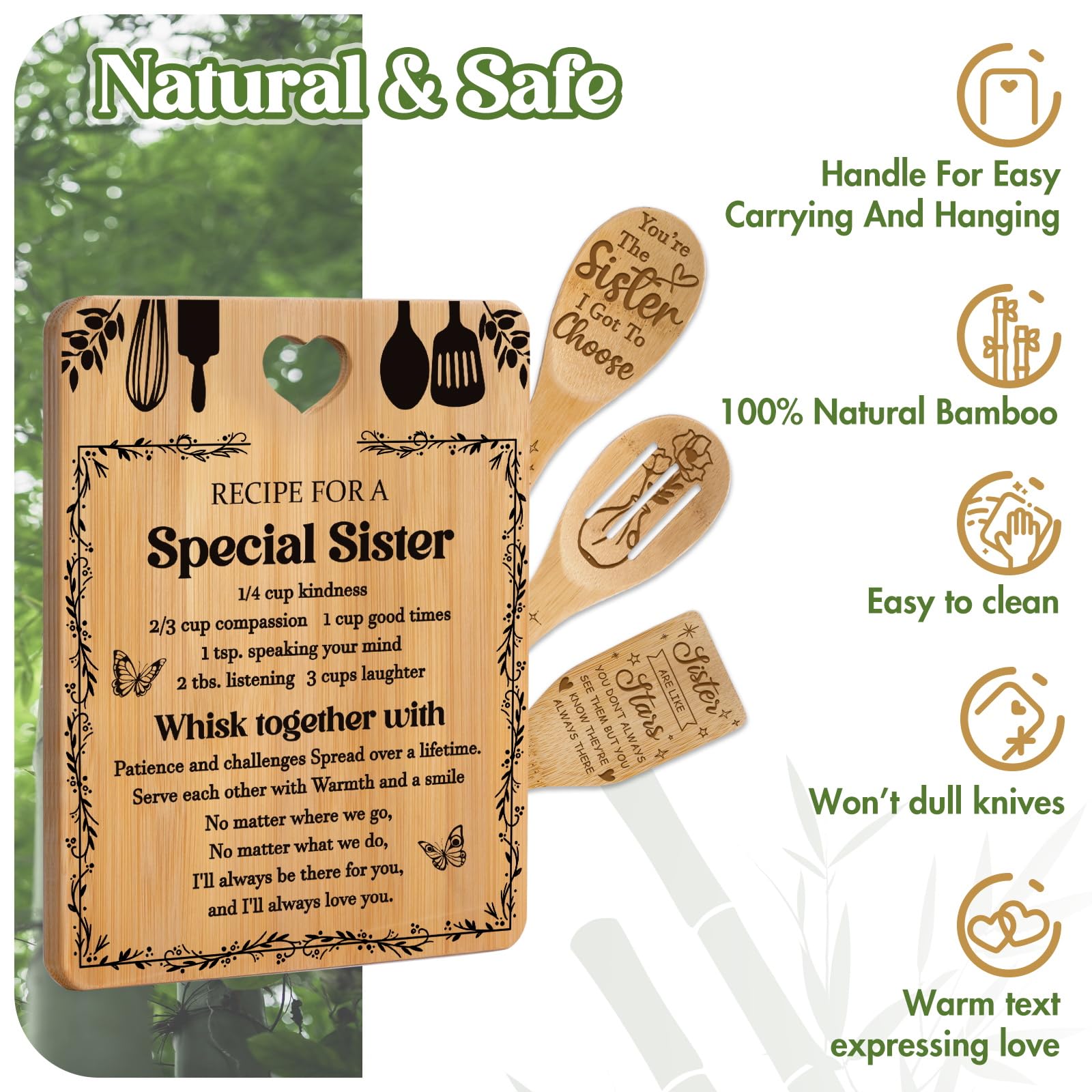 Gifts for Sister -  Recipe for a Special Sister  Sister Birthday Gifts Cutting Board Set, Bamboo-Made Engraved Utensil Set Siste