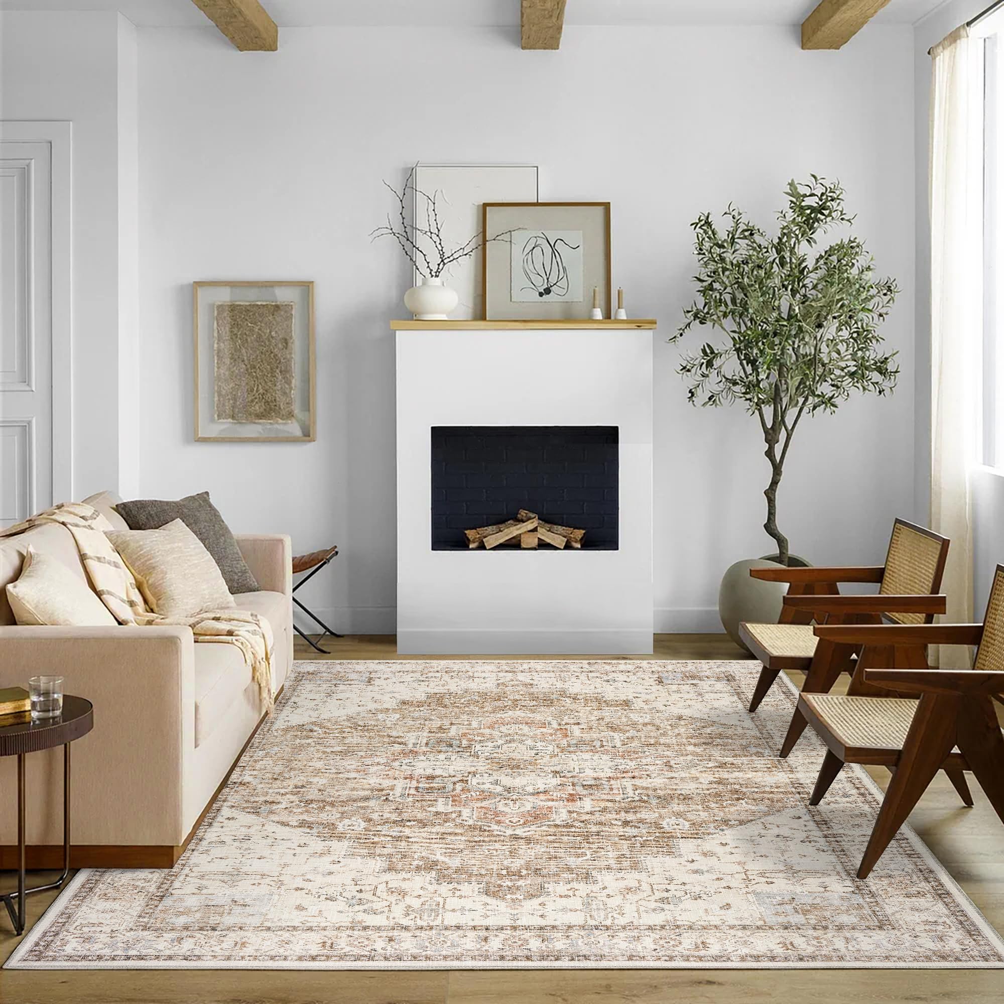 BILEEHOME Boho Farmhouse Bedroom Rug 6x9 Washable Easy Clean Stain Resistant Vintage Country Rustic Neutral Earth Tone Area Rug 