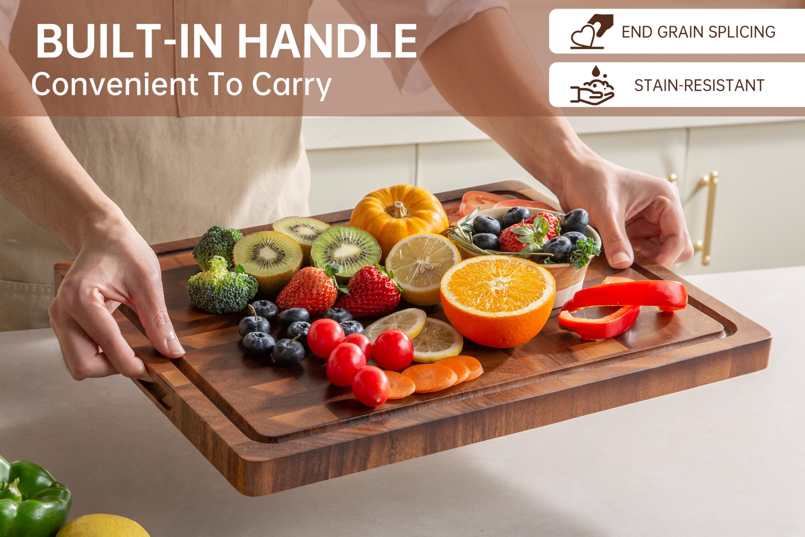 THETCHRY Cutting Boards for Kitchen, Design in USA Large Acacia Wood Chopping Board, Herringbone Cutting Board with Juice Groove