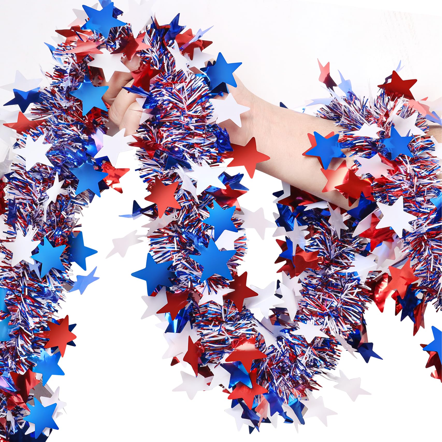 4th of July Garland Decorations,50Ft Glitter Tinsel Patriotic Decor for Tree Car Golf Cart Parade Float Bike Party Table Yard Do
