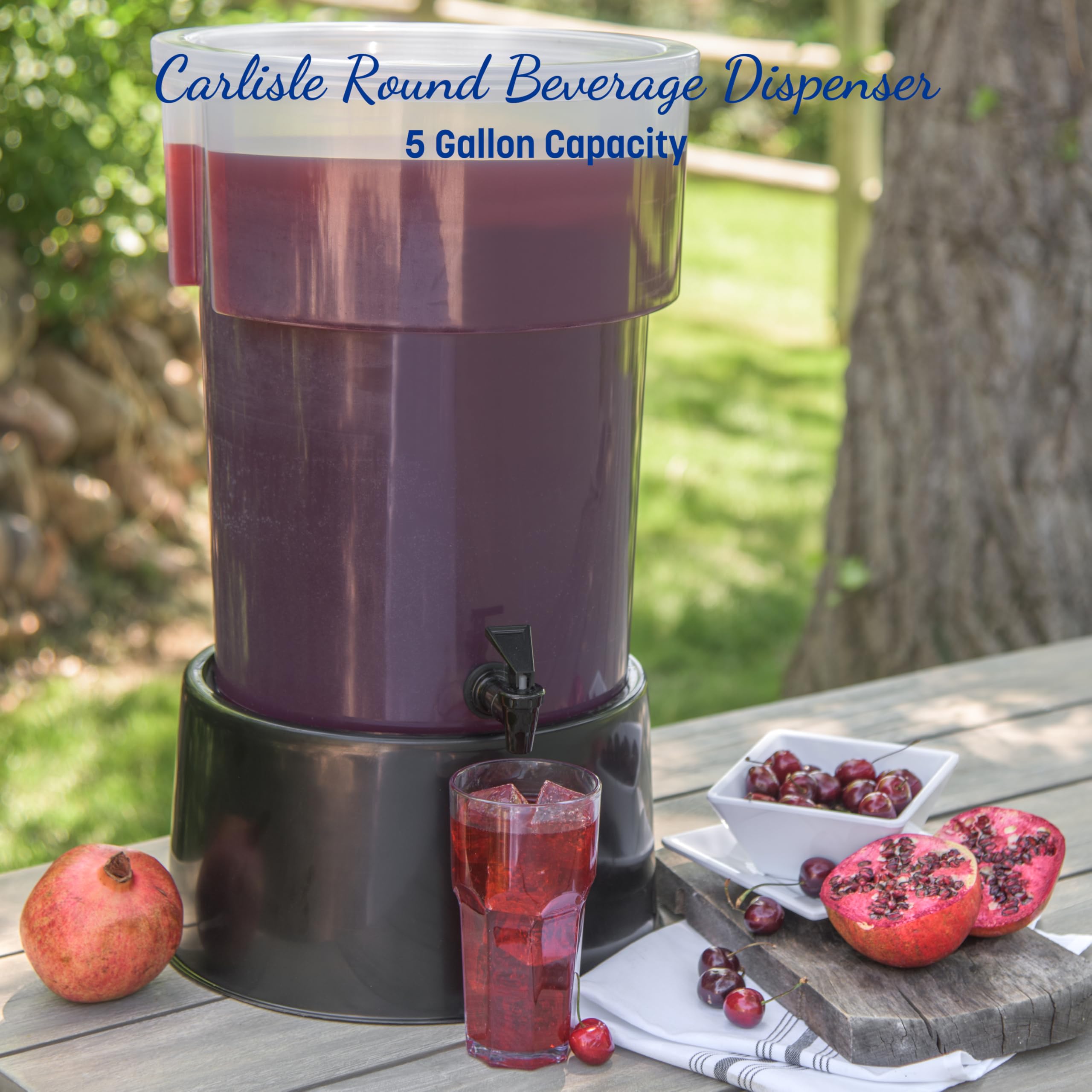 Carlisle FoodService Products 222903 Polypropylene Round Beverage Dispenser with Base  5 gal. Capacity  12-3/8'' Dia. x 21-1/2'' H  Black Base