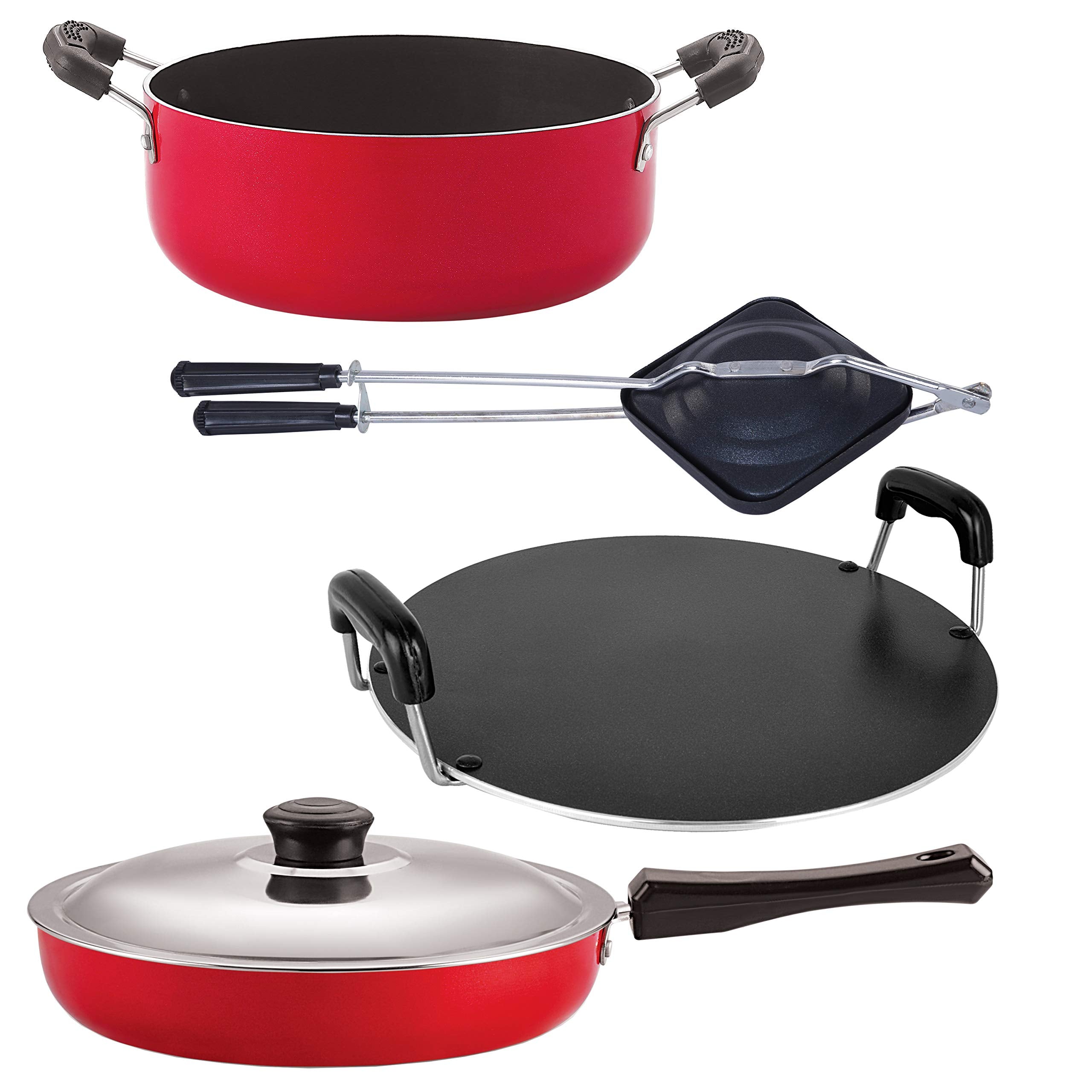 Nirlon 3 Layer Non Stick Cookware Set Red & Black Colour 4 Piece