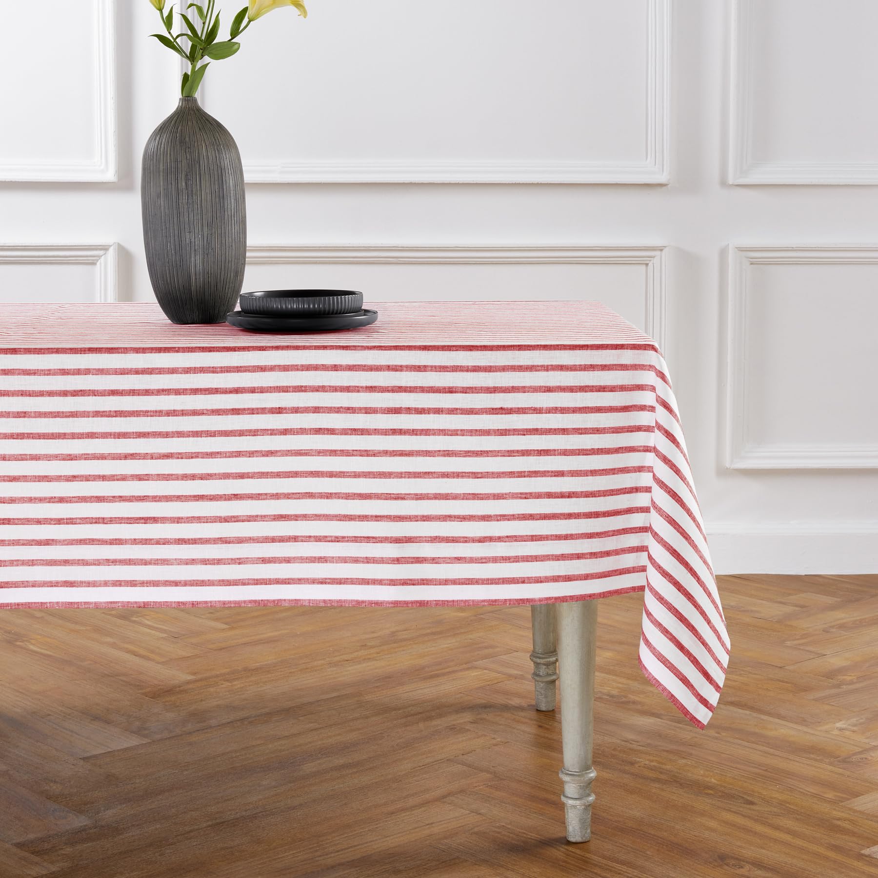 Solino Home Stripe Linen Tablecloth - 100% Pure Linen Red And White Tablecloth 90'' L X 60'' W For Spring - Handcrafted And Mach