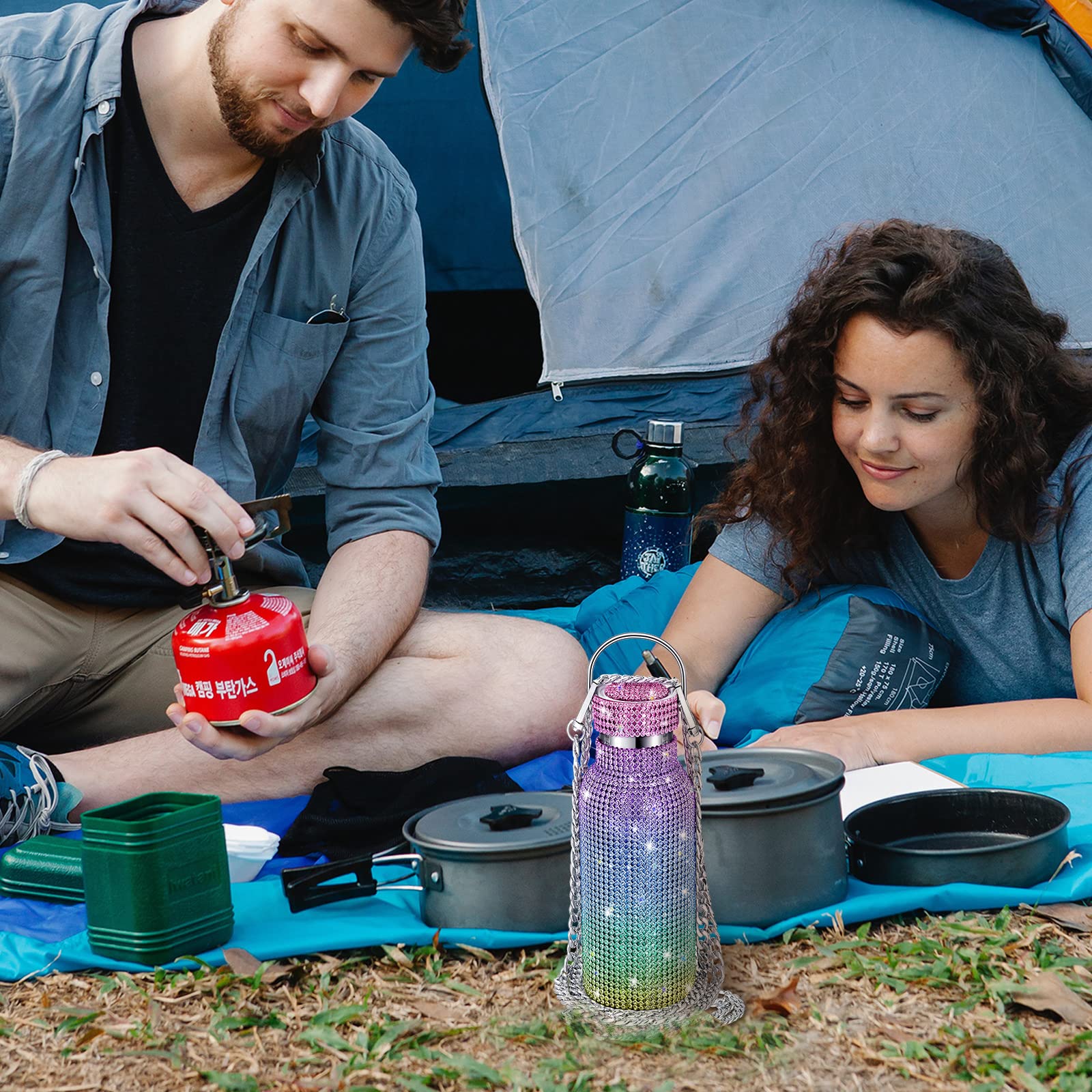 Diamond Water Bottle Bling Rhinestone Stainless Steel Thermal Bottle Refillable ,Insulated , Glitter Water Bottle With Chain For