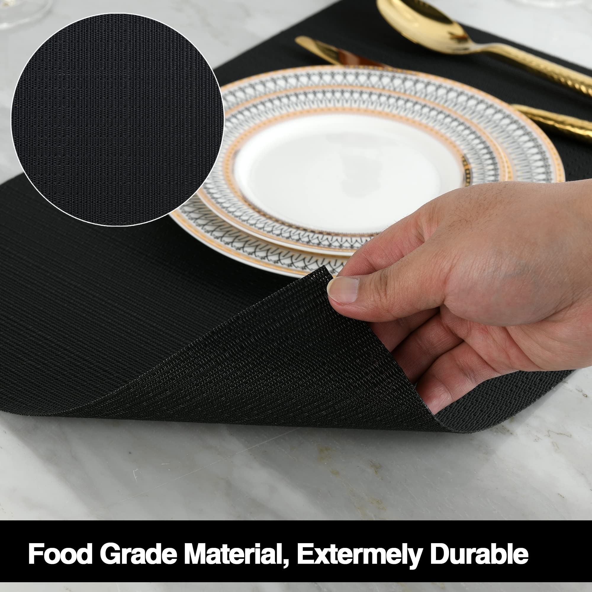 Slkqg Black Placemats Set Of 4 - Easy Clean Washable Vinyl Placemats - Wipeable Heat Proof Table Mats For Dining Table - 17X12 I