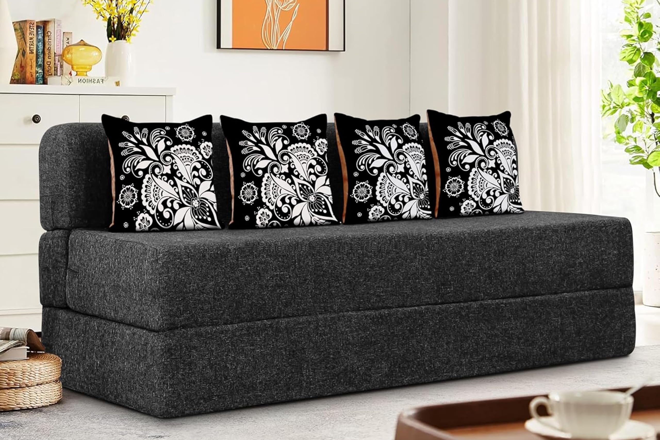 Rosebell 3 Seater Sofa Cum Bed | Jute Fabric Washable Cover | With Cushions Perfect For Guest | Black | 6 X 6 Feet