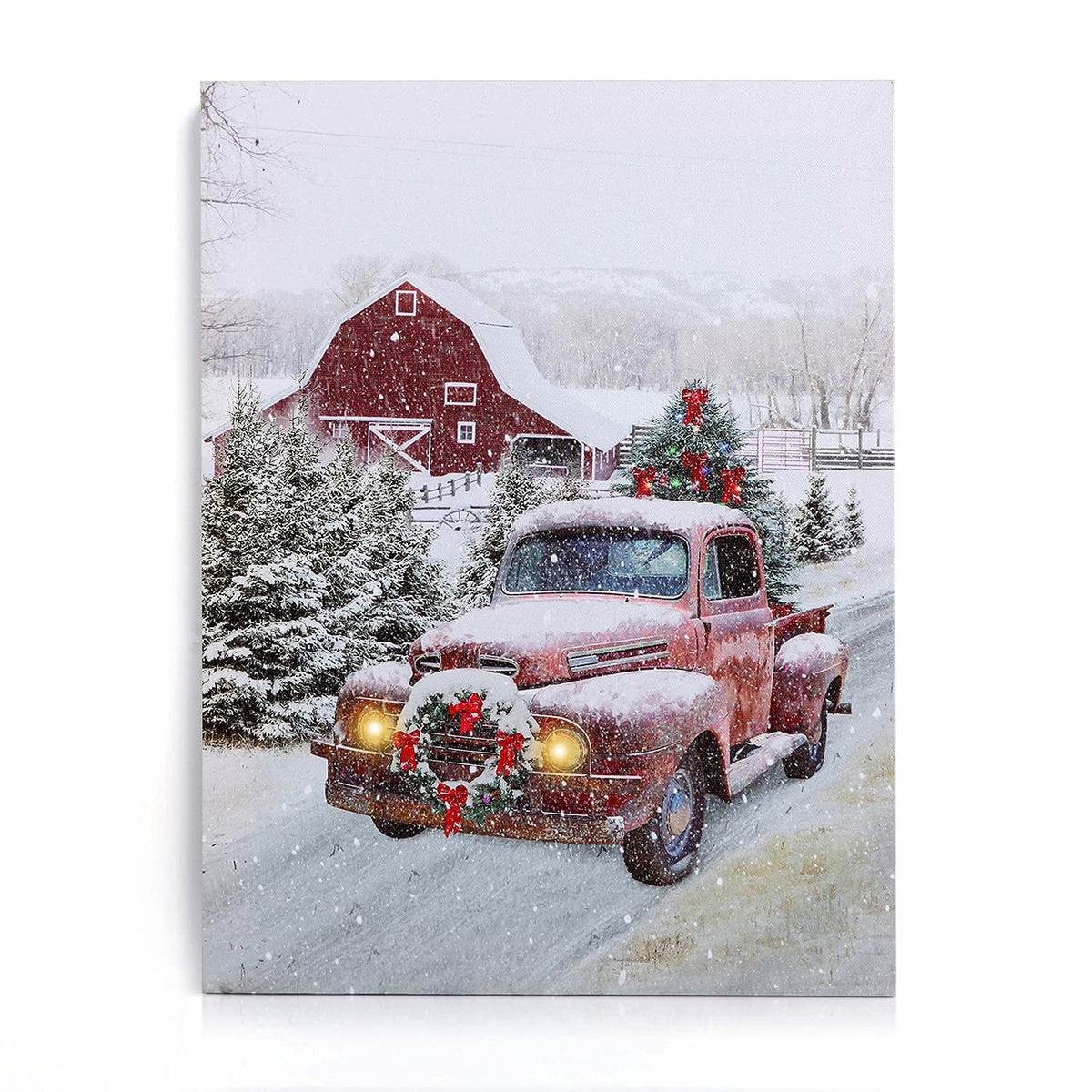 Nikky Home 16'' X 12'' Christmas Led Lighted Canvas Wall Art Prints Light Up Red Truck Barn House And Christmas Tree Picture Win