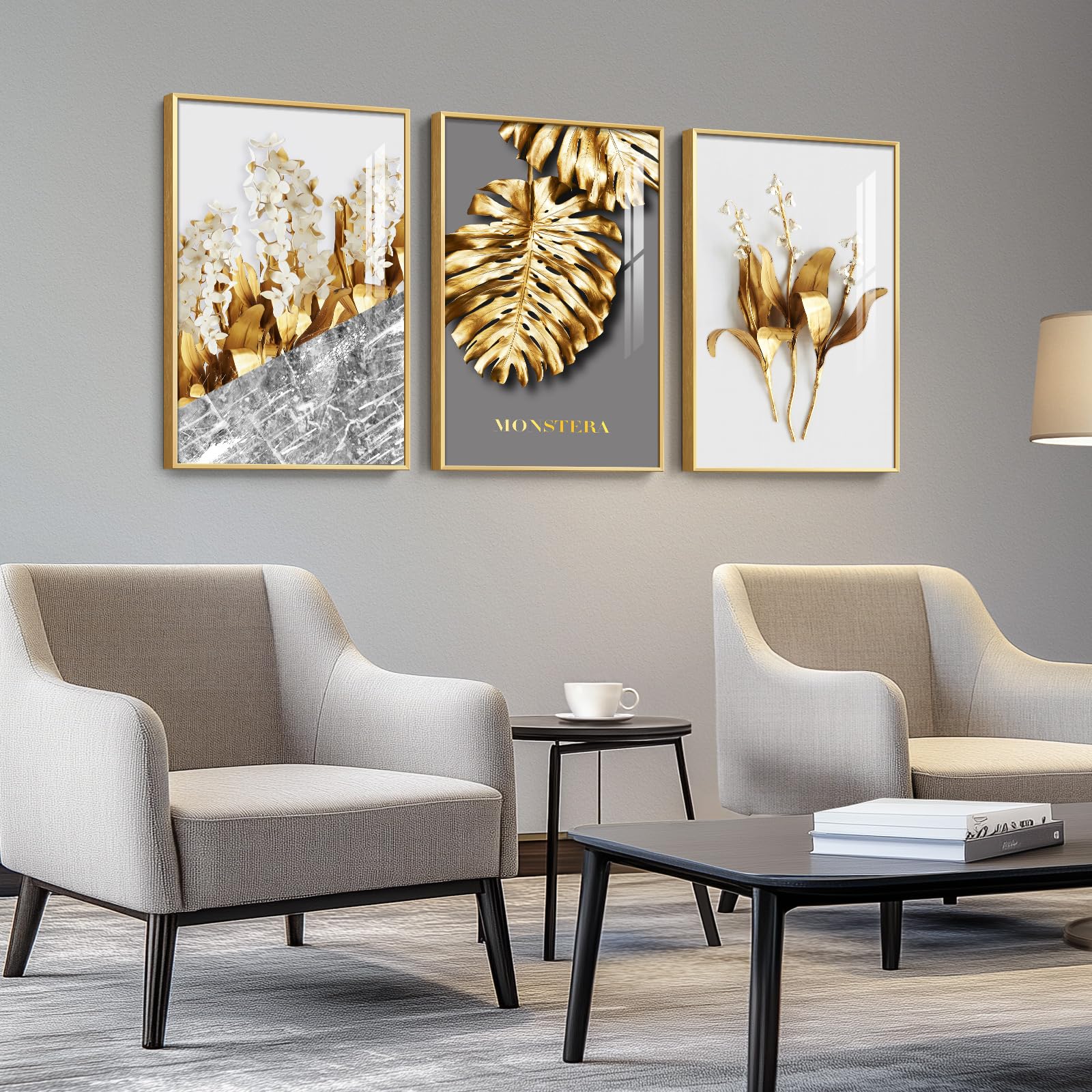 Framed Modern Luxury Large Gold Wall Art For Living Room, Set Of 3 Piece Contemporary Paintings Artwork For Walls, Golden Leaf P